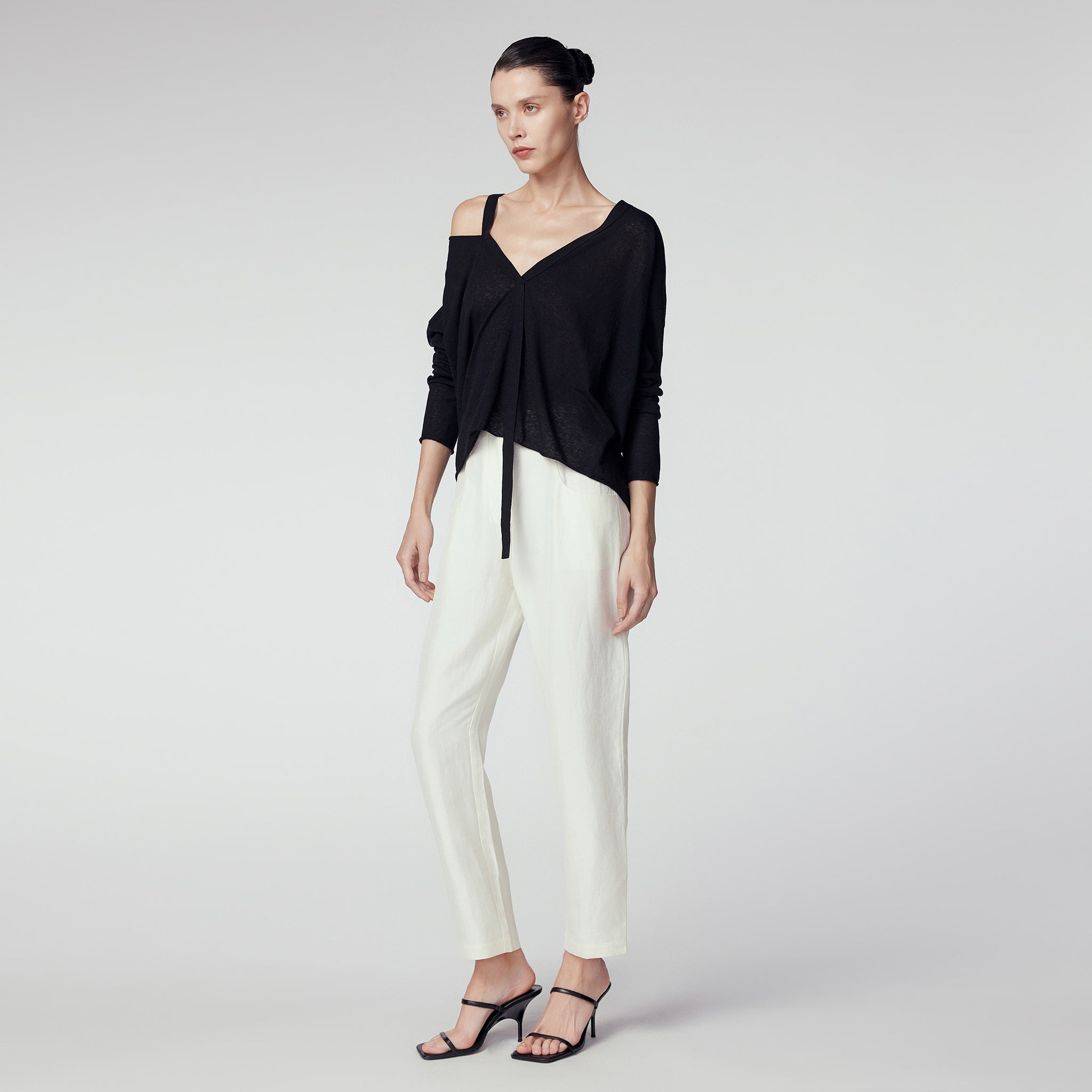 Cotton Linen Blend Off Shoulder Knit Pullover, Black