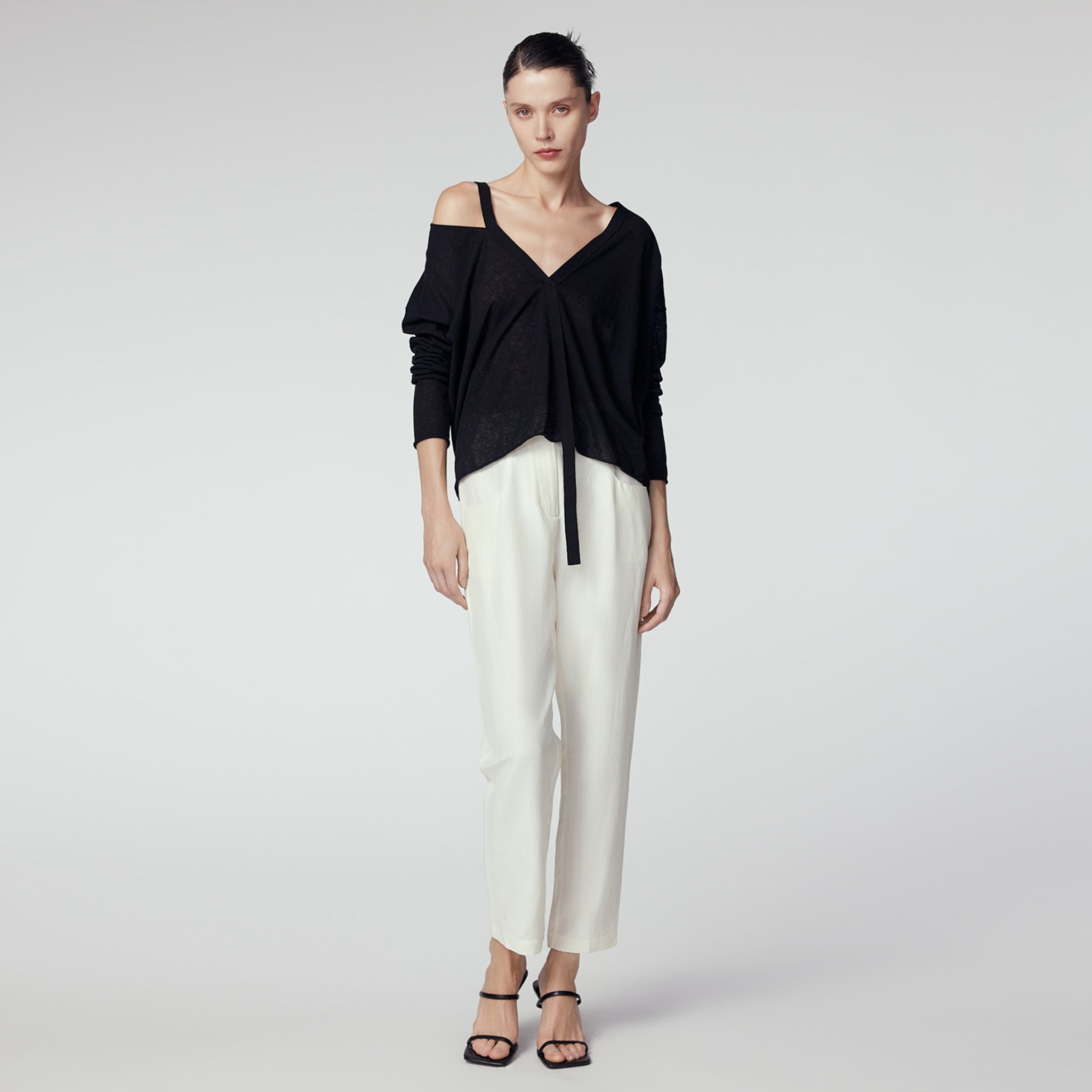 Cotton Linen Blend Off Shoulder Knit Pullover, Black