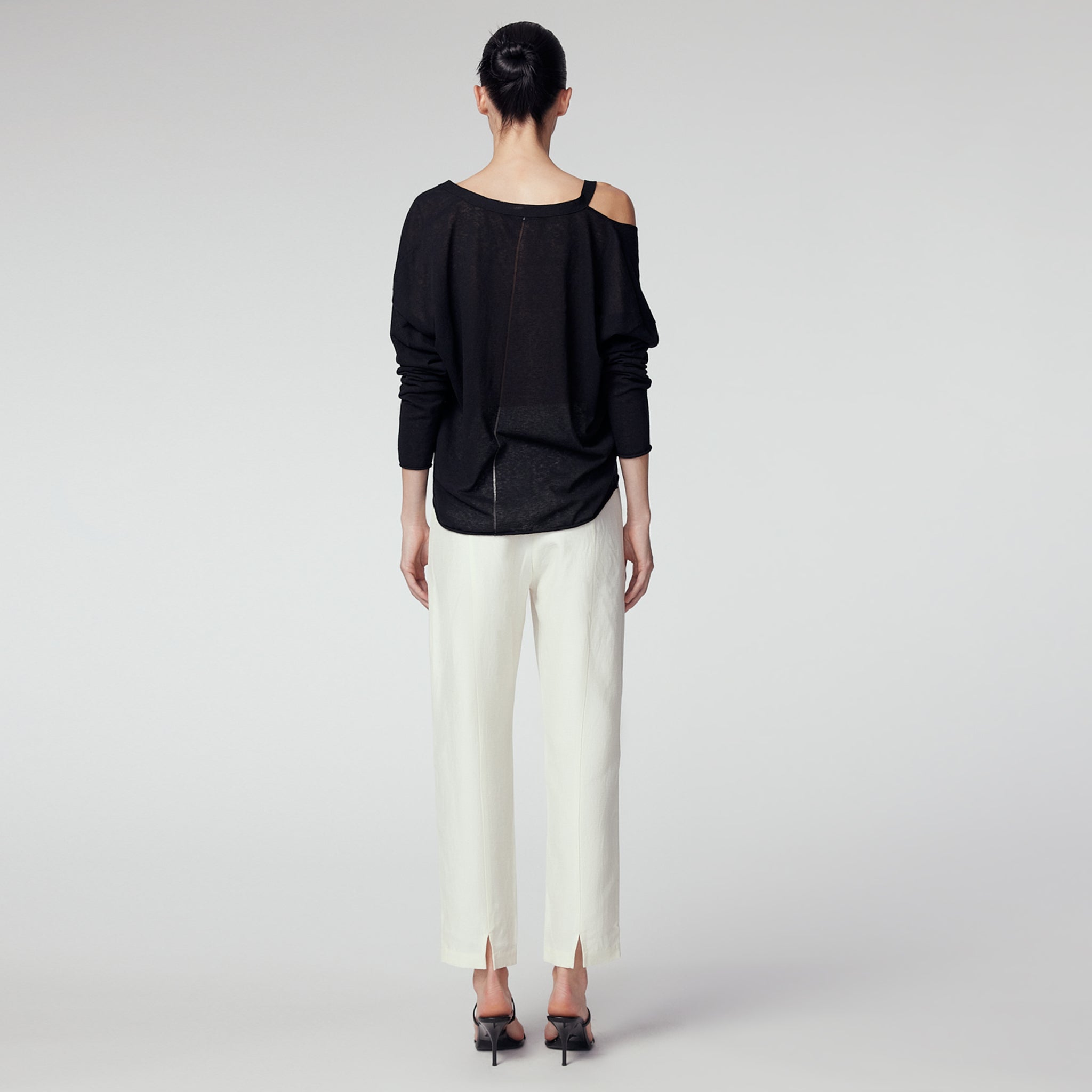 Cotton Linen Blend Off Shoulder Knit Pullover, Black