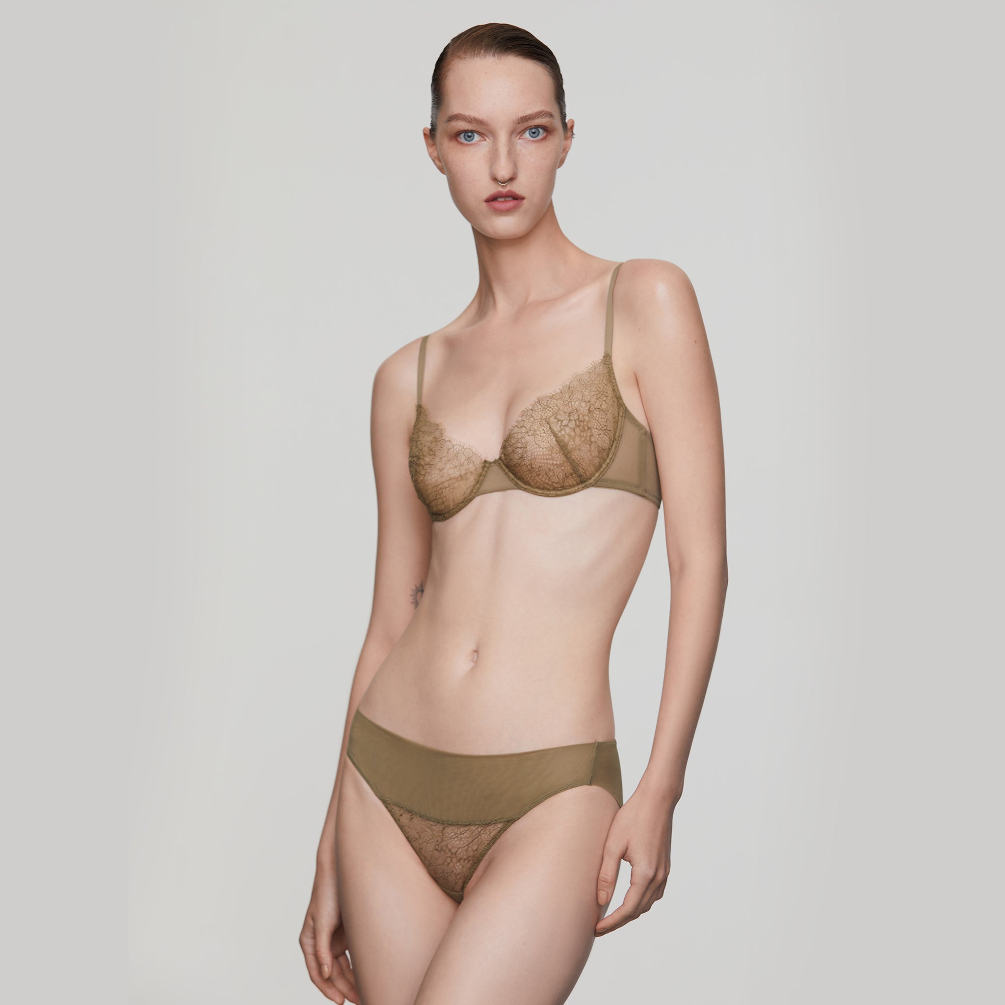 Leavers Eyelash Lace 3/4 Underwire Bra,Grayish Green