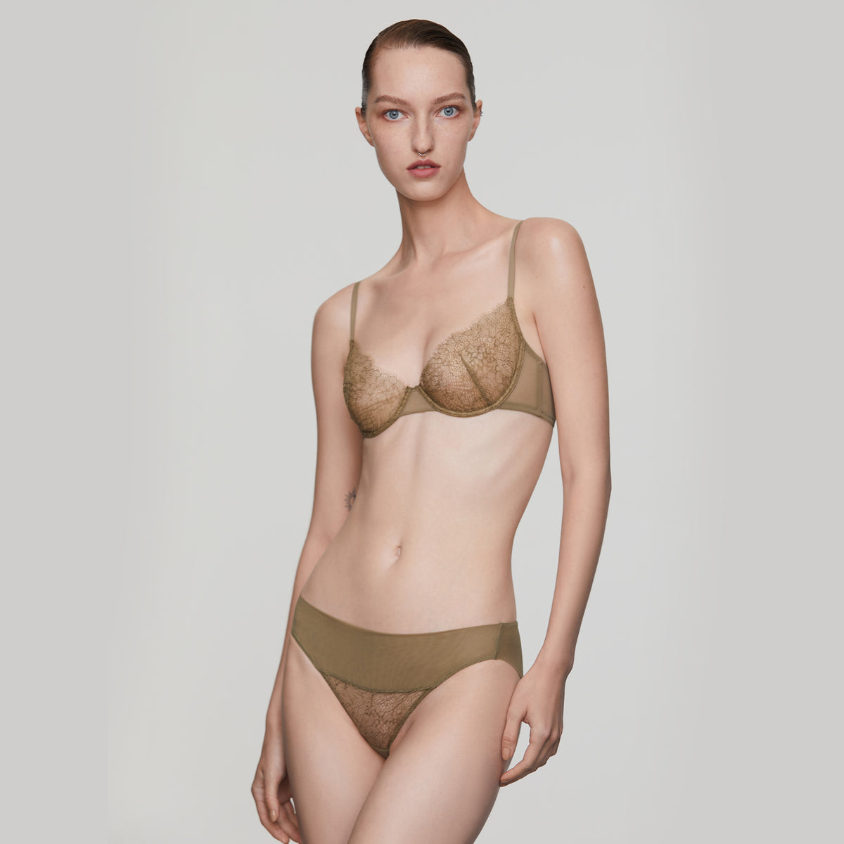 Leavers Eyelash Lace 3/4 Underwire Bra,Grayish Green