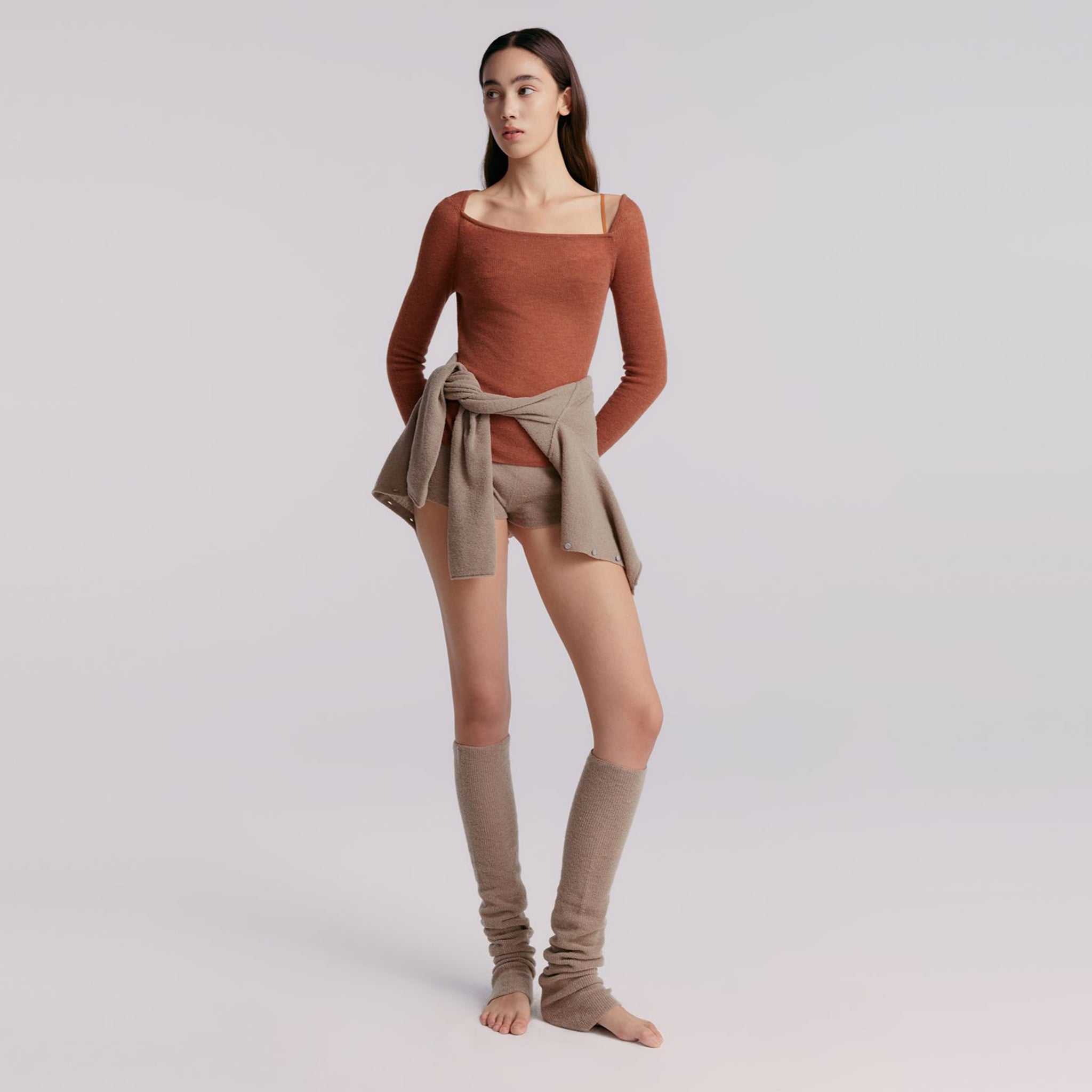 Asymmetric Neckline Sweater,Caramel Brown