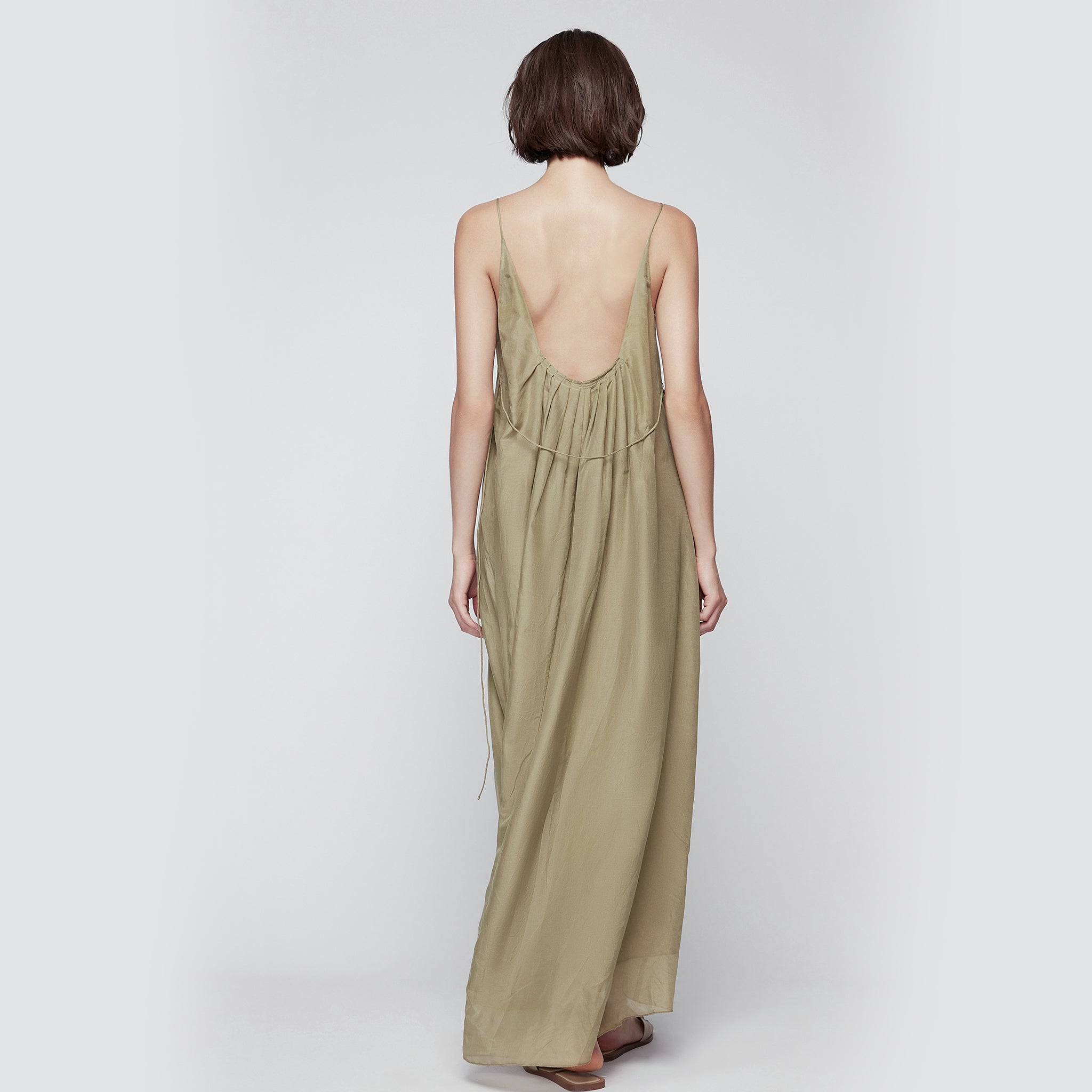 Open Back Silk-blend Maxi Dress,Moss Green