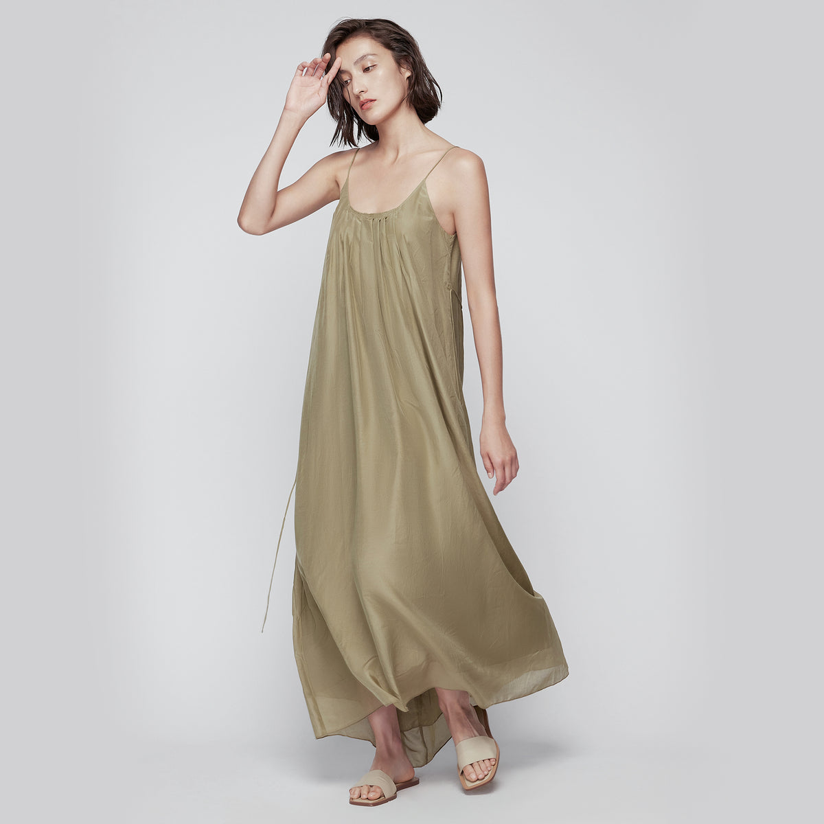 Open Back Silk-blend Maxi Dress,Moss Green