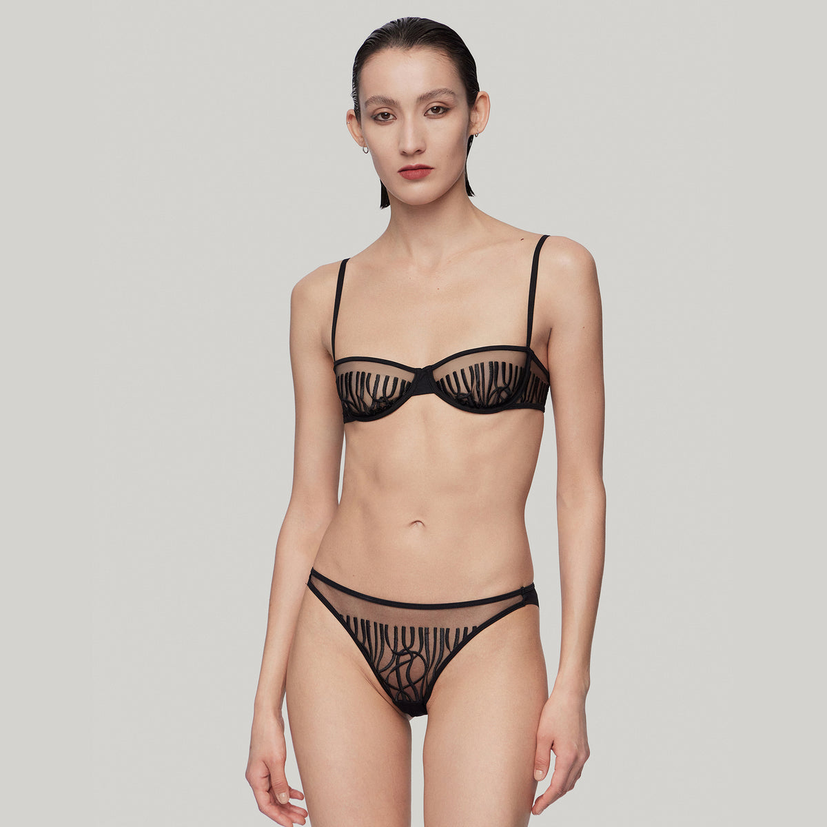 Embroidered Tulle Demi Cup Bra,Black