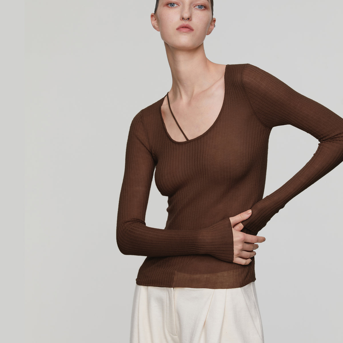 Round-neck Wool Sweater,Dark Coffee