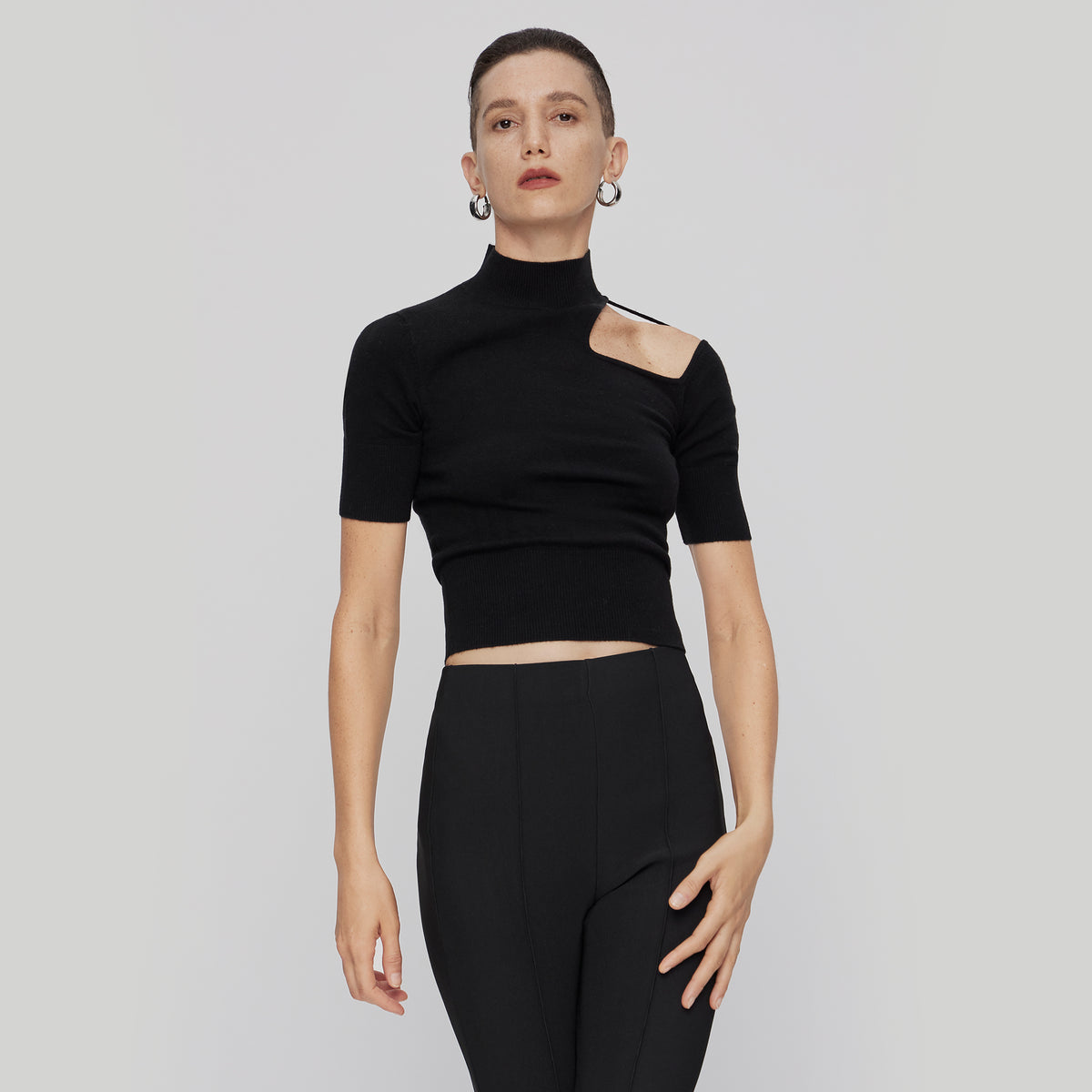Knitted Cut-out Shoulder Top,Black