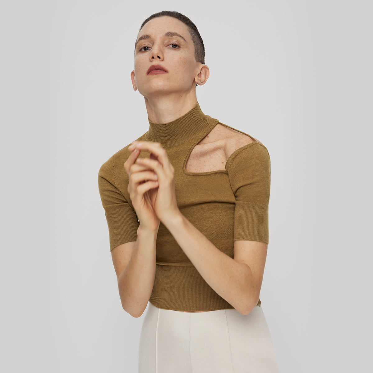 Knitted Cut-out Shoulder Top,Ginger