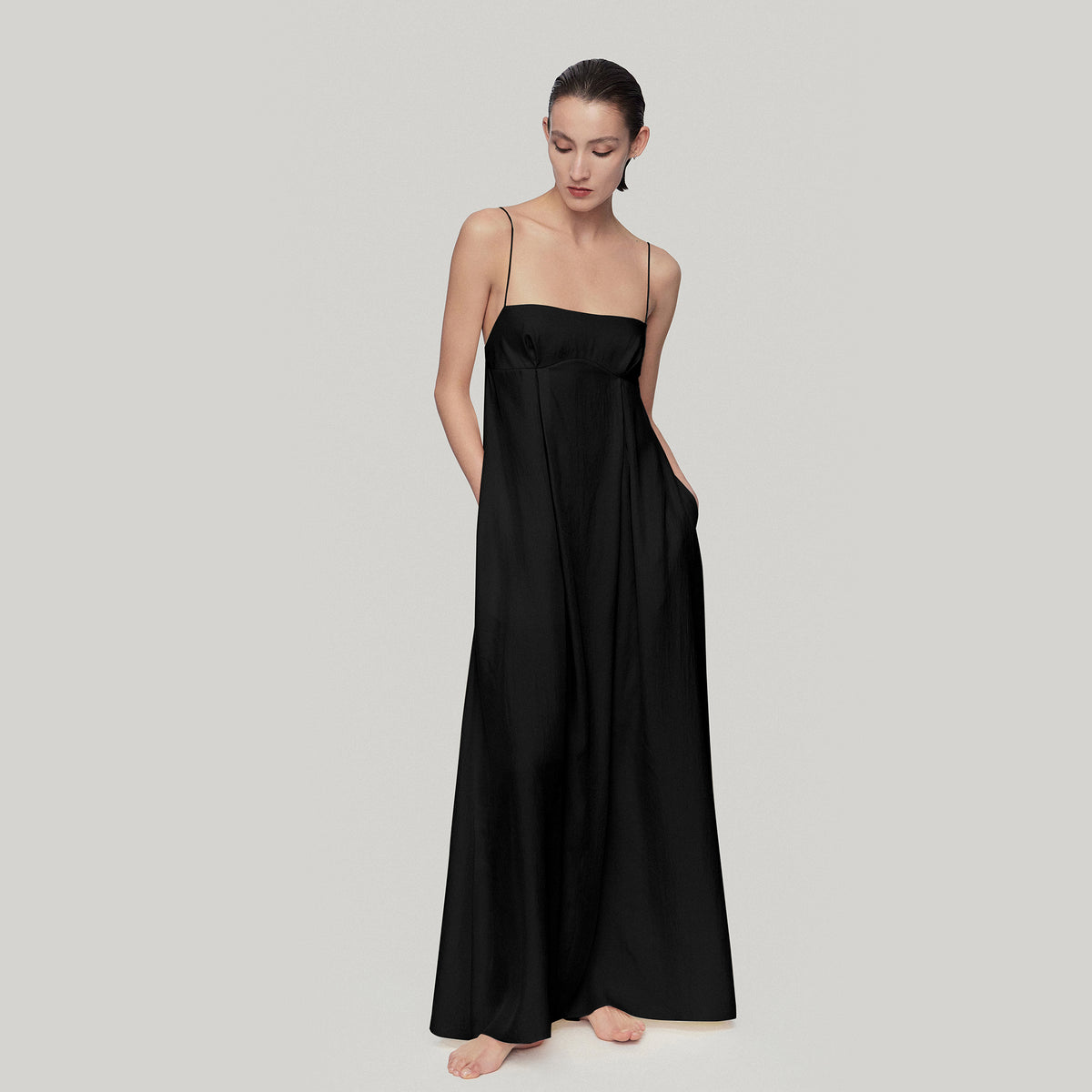 Open-back Maxi Slip Dress,Black