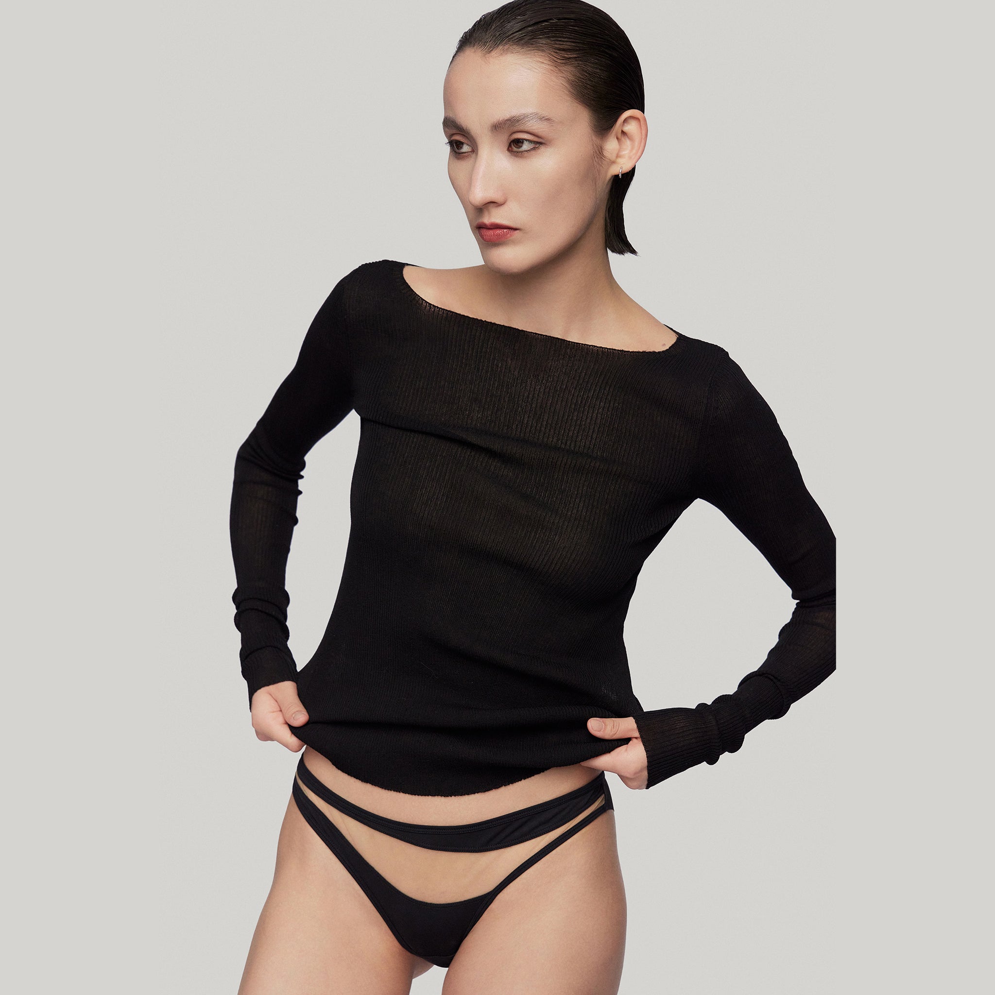 Semi-sheer Knit Long Sleeve,Black