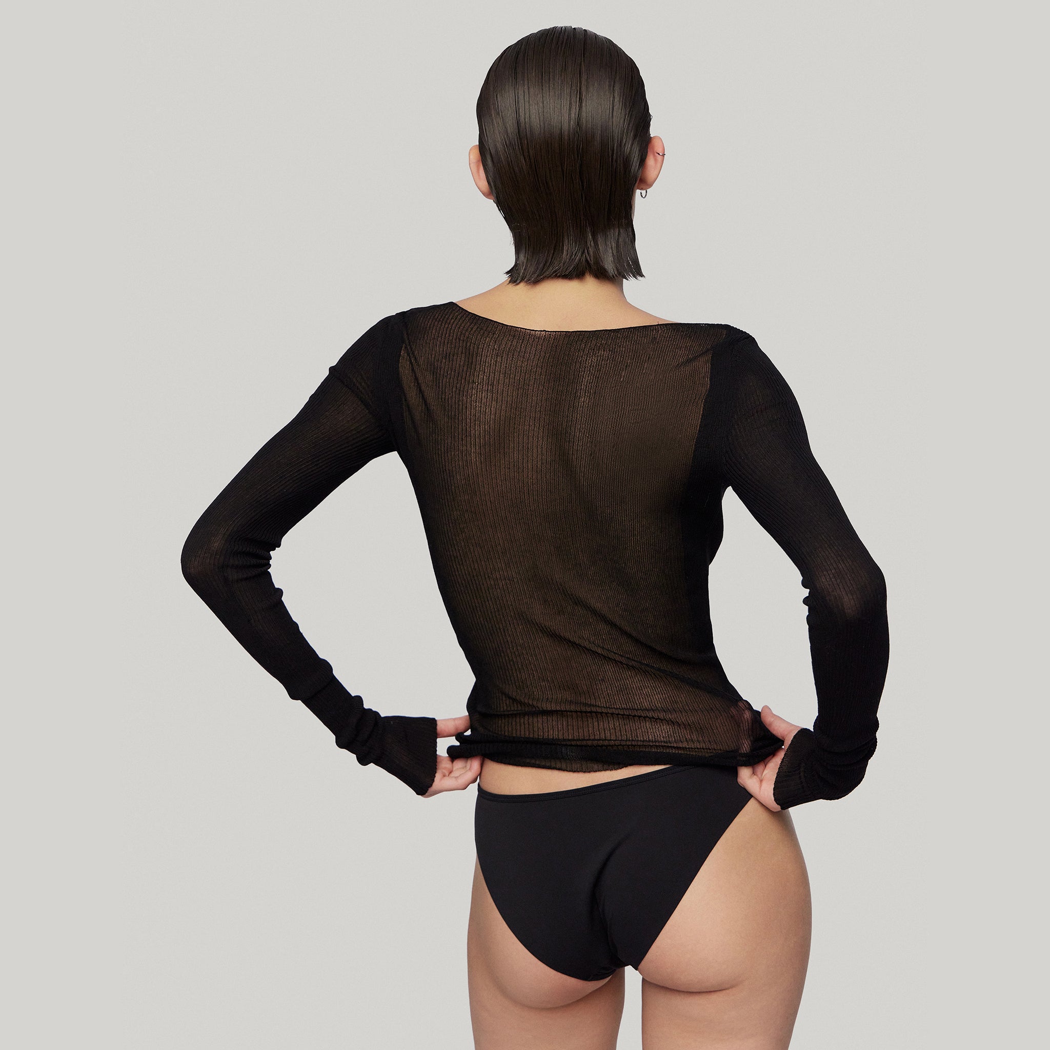 Semi-sheer Knit Long Sleeve,Black