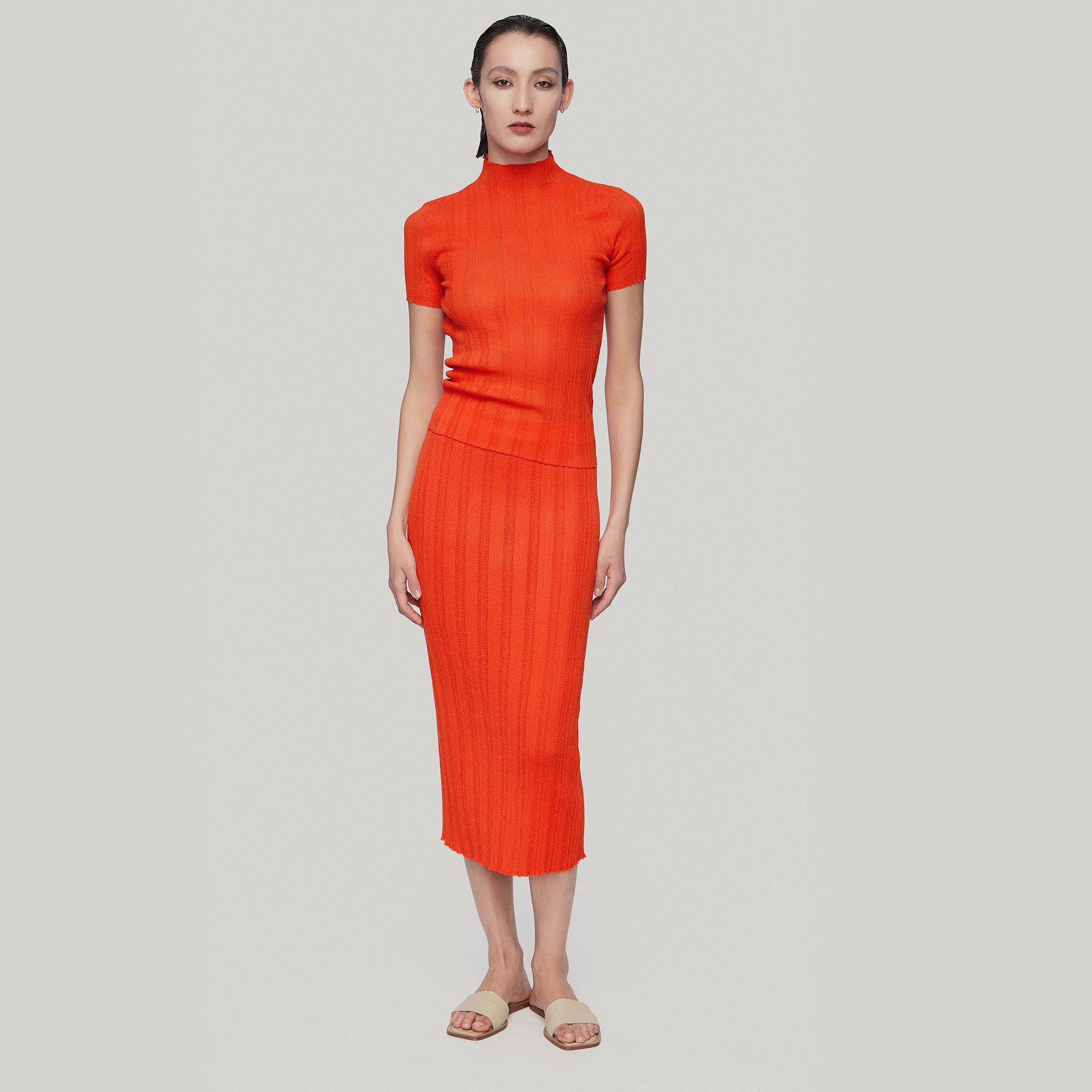 Open-back Knit Short Sleeve,Lava Red