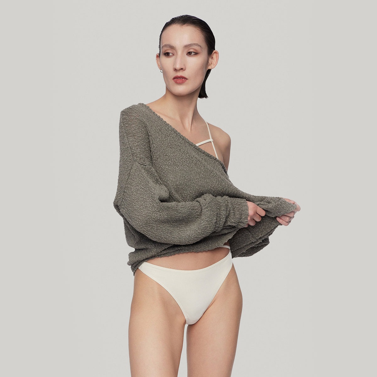 Oversize Round-neck Knit Sweater,Gray