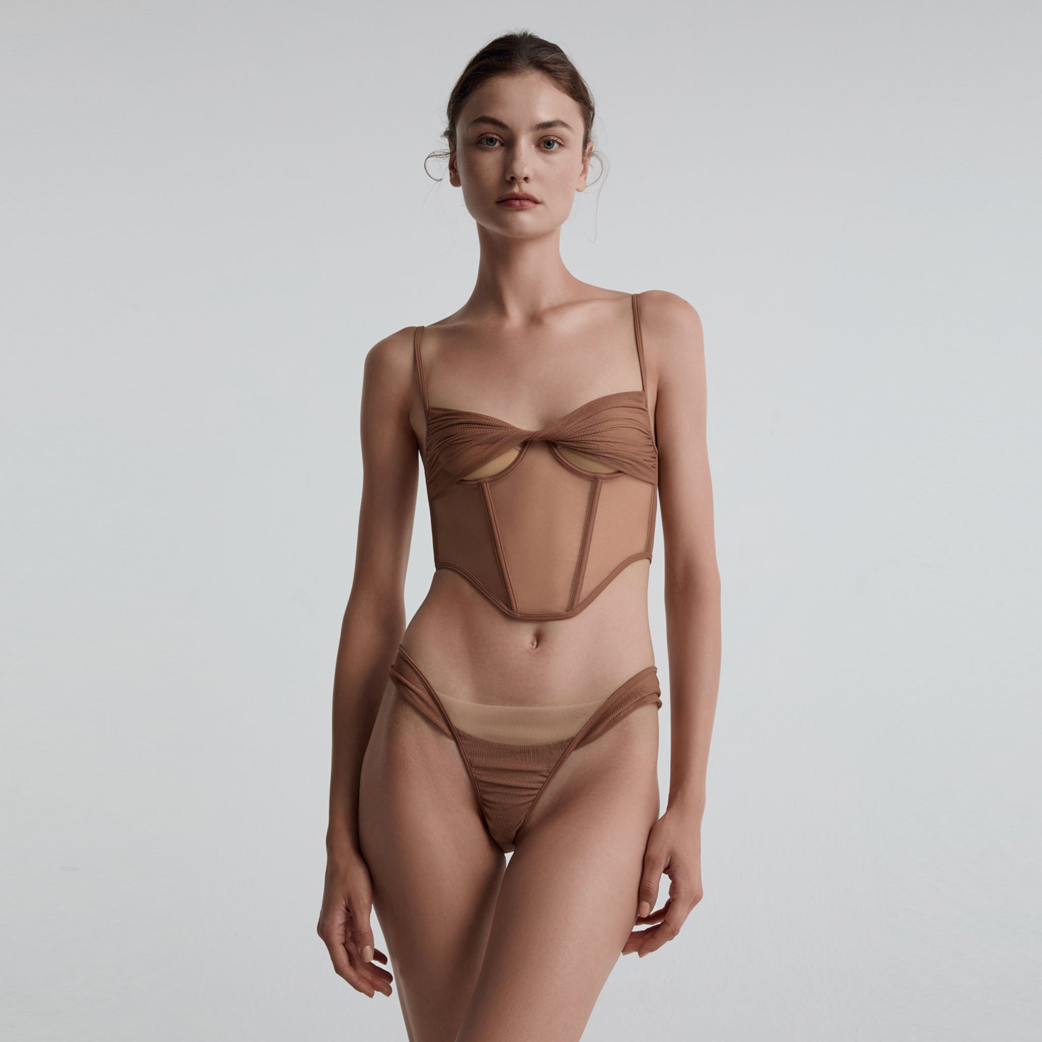 Silk-mesh Underwire Corset, Toffee