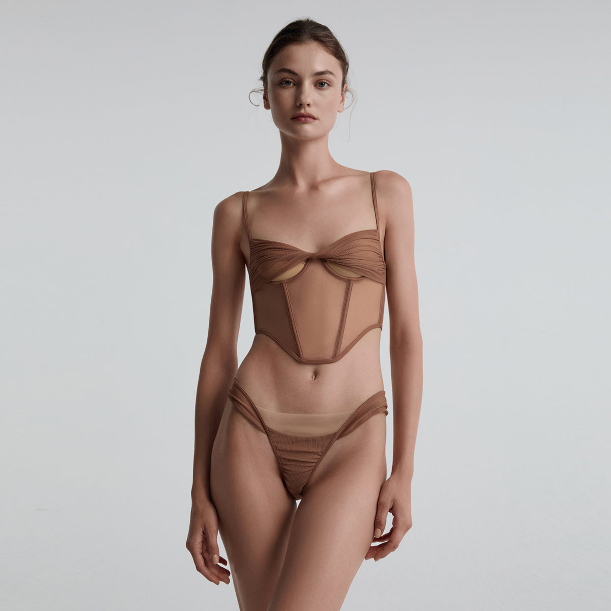 Silk-mesh Underwire Corset, Toffee