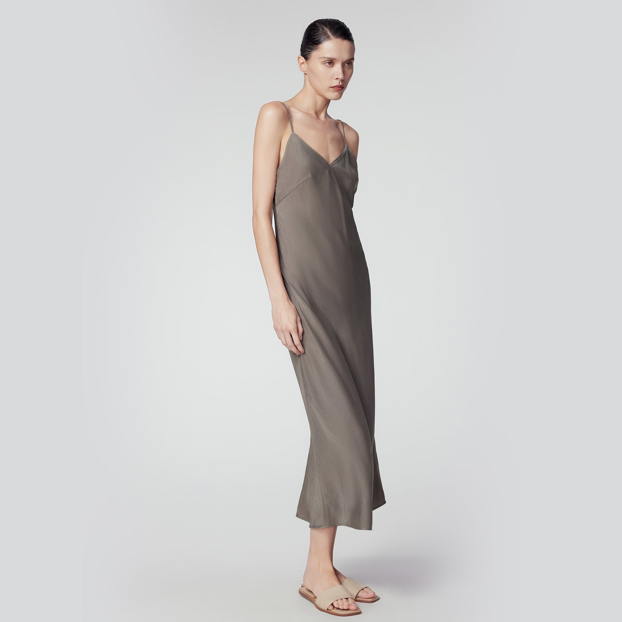 Silk Maxi Slip Dress, Concrete Grey