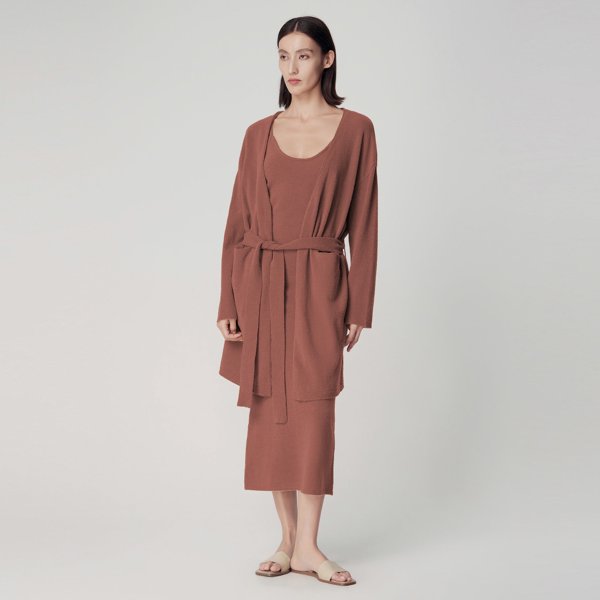 Bouclé Knit Loose Fit Robe,Rust