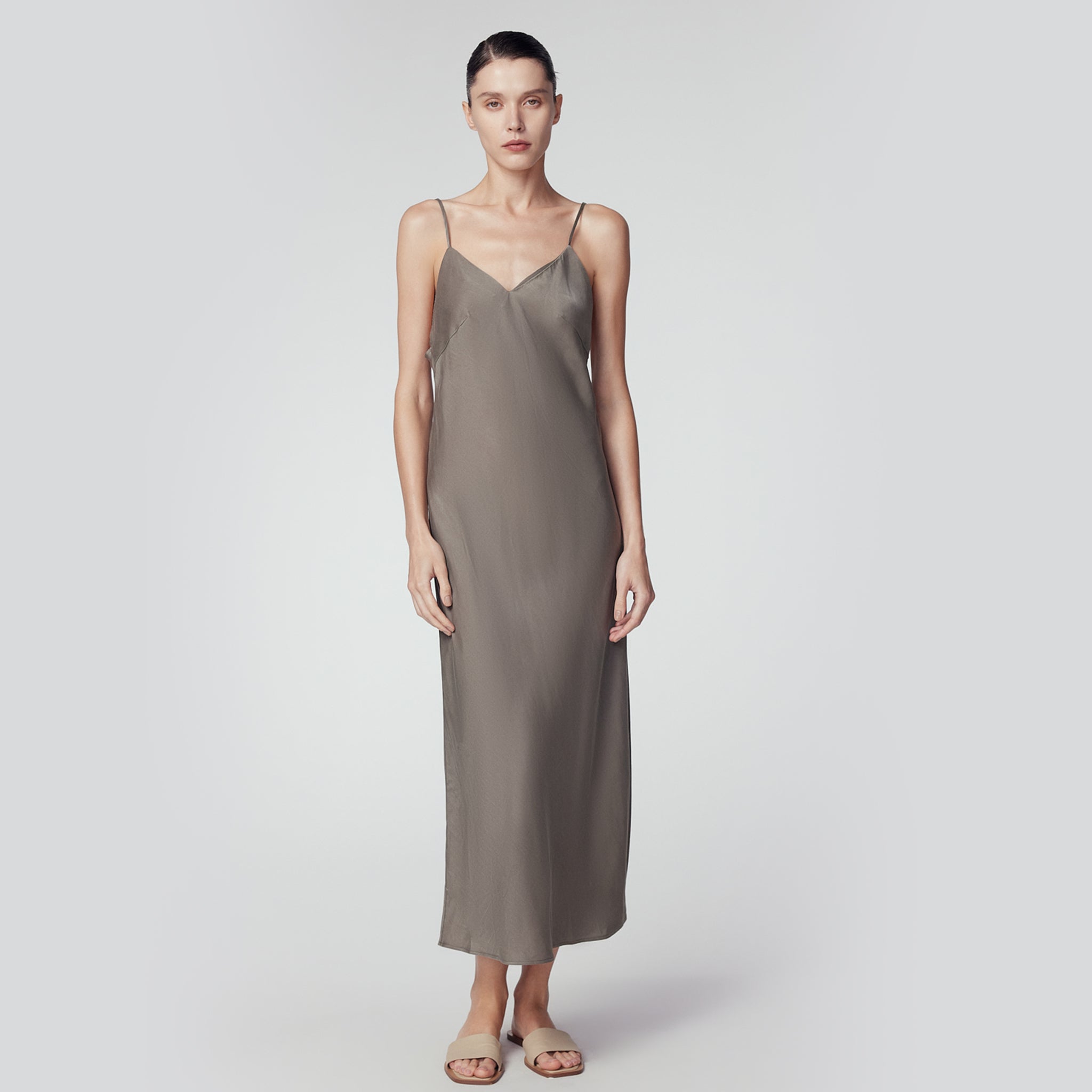 Silk Maxi Slip Dress, Concrete Grey