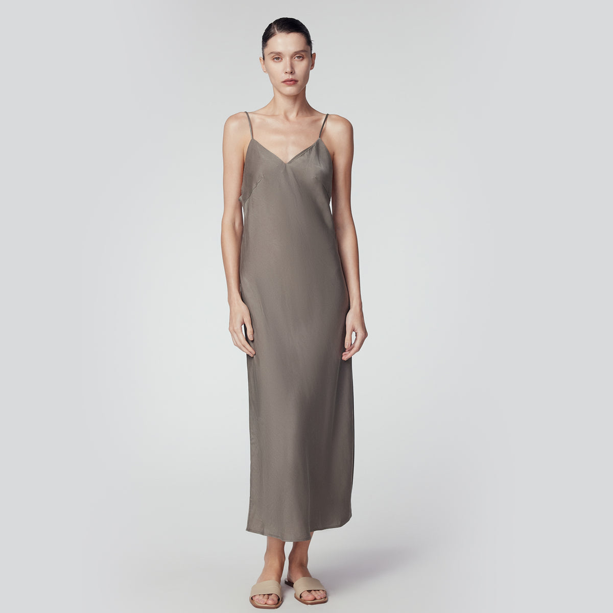 Silk Maxi Slip Dress, Concrete Grey