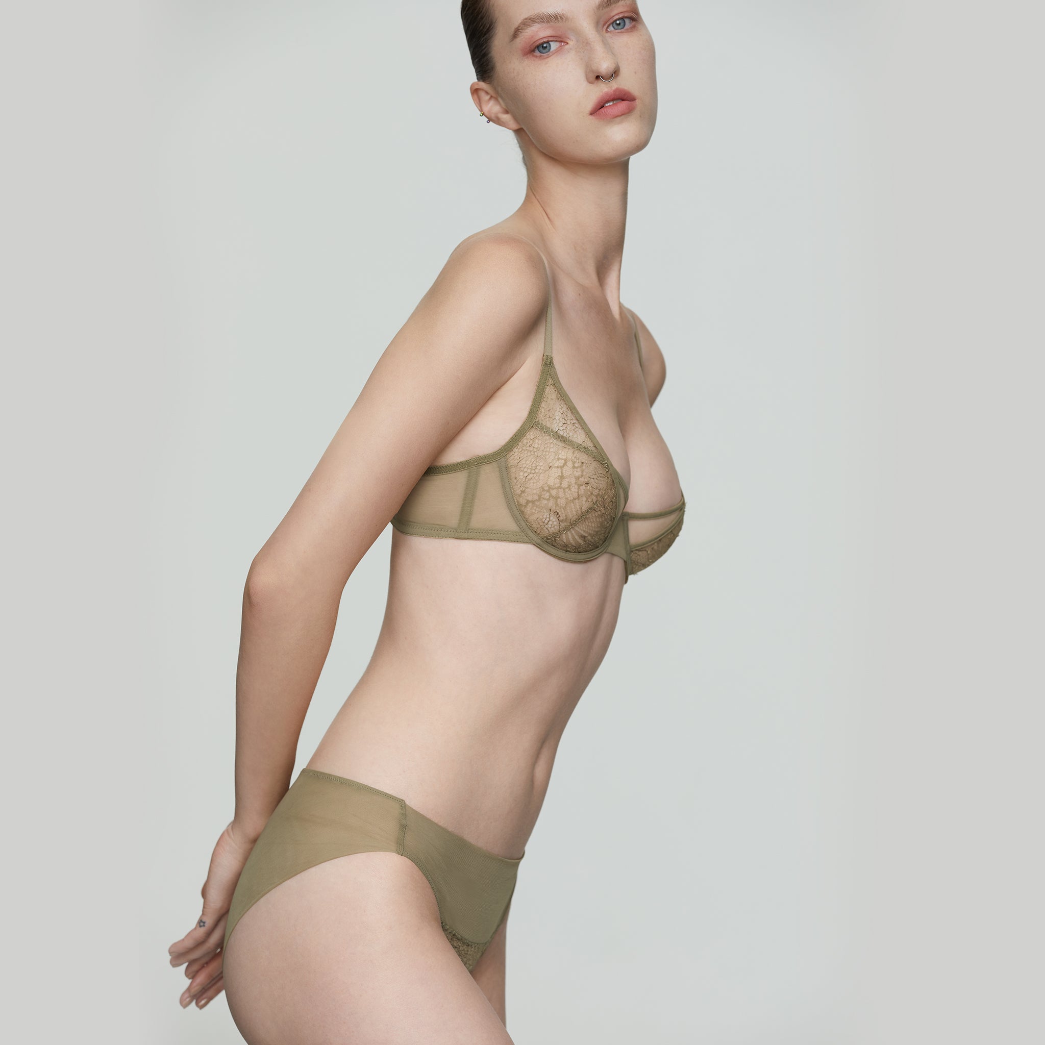 Leavers Lace Cutout 3/4 Underwire Bra,Grayish Green