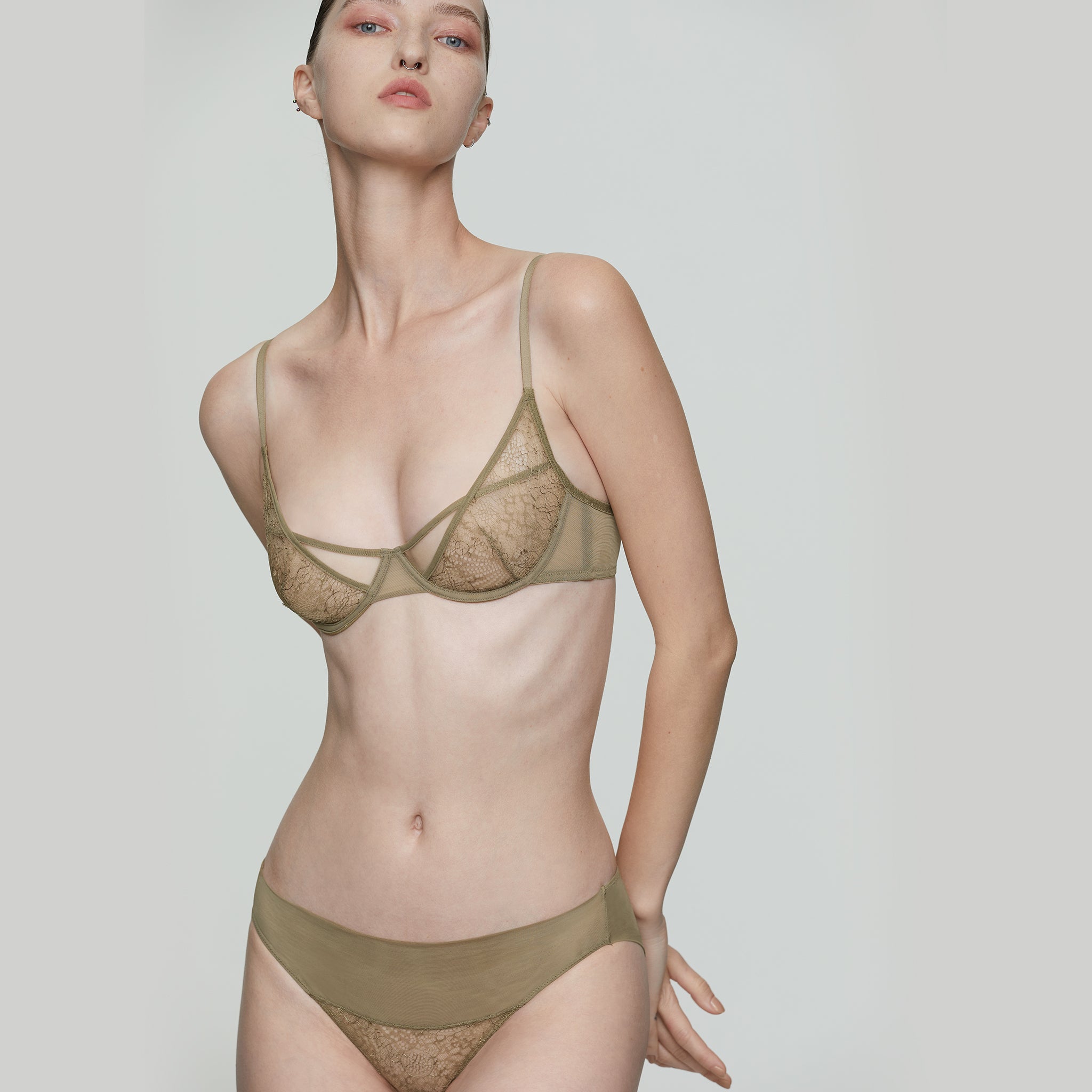 Leavers Lace Cutout 3/4 Underwire Bra,Grayish Green