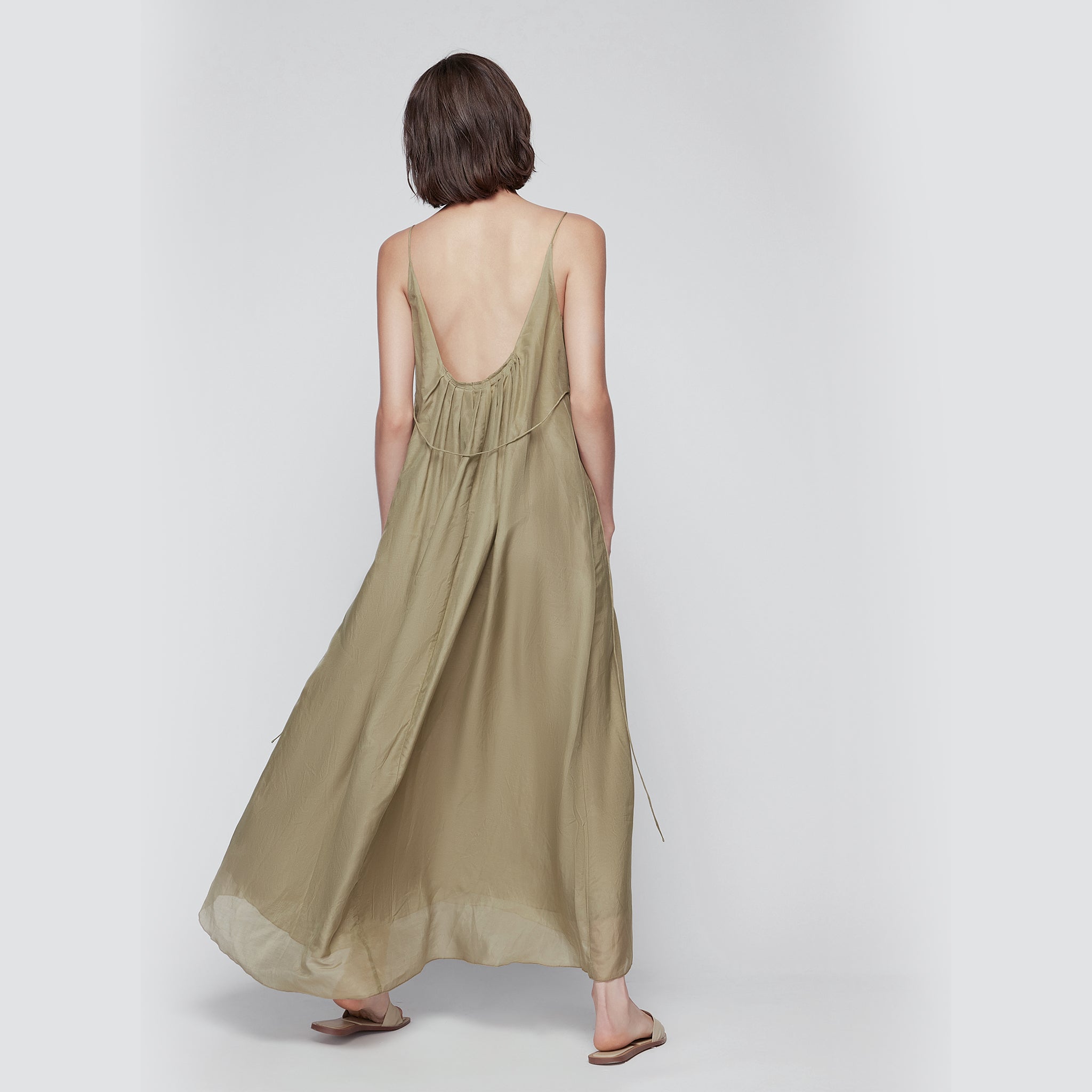 Open Back Silk-blend Maxi Dress,Moss Green