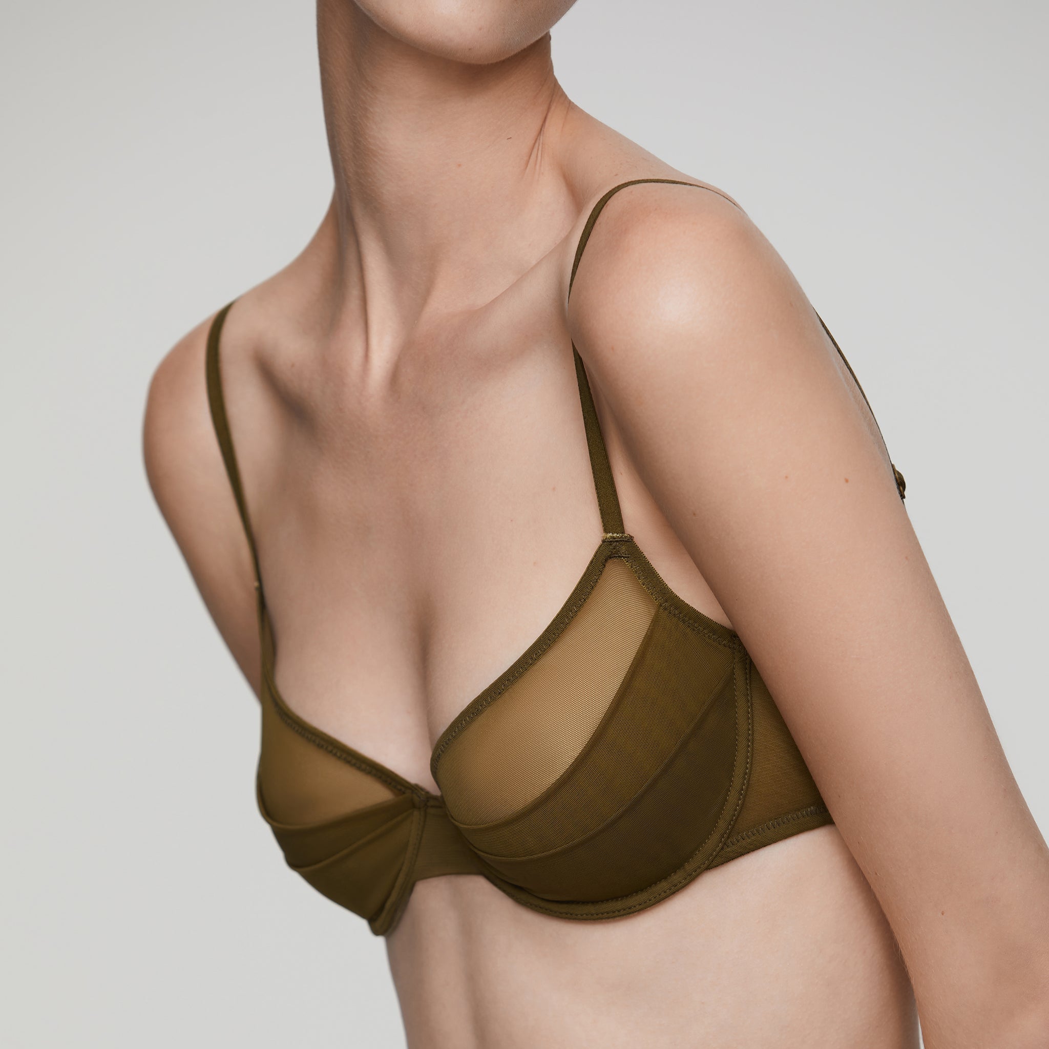 Stretch Layerd Mesh 3/4 Underwire Bra, Olive