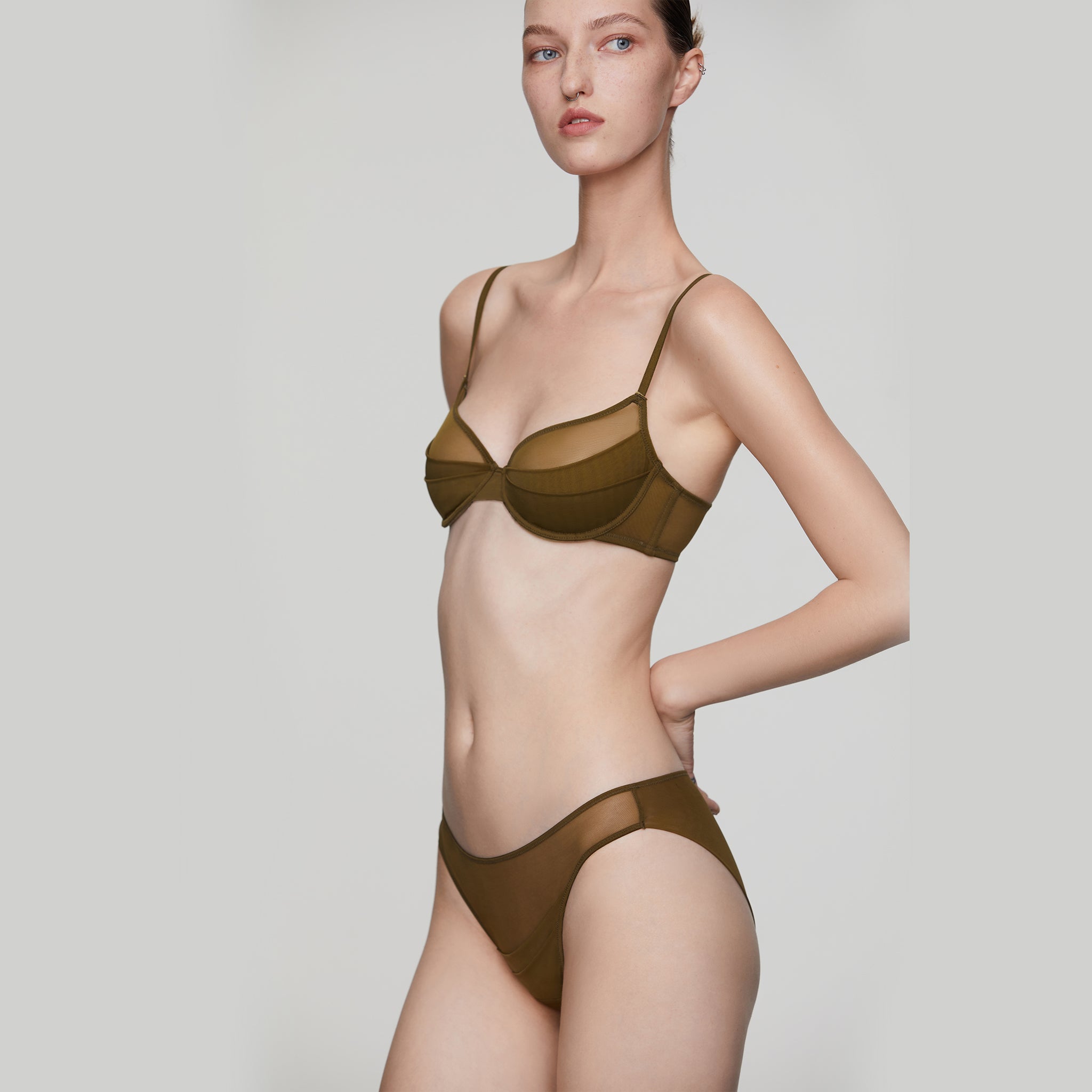 Stretch Layerd Mesh 3/4 Underwire Bra, Olive