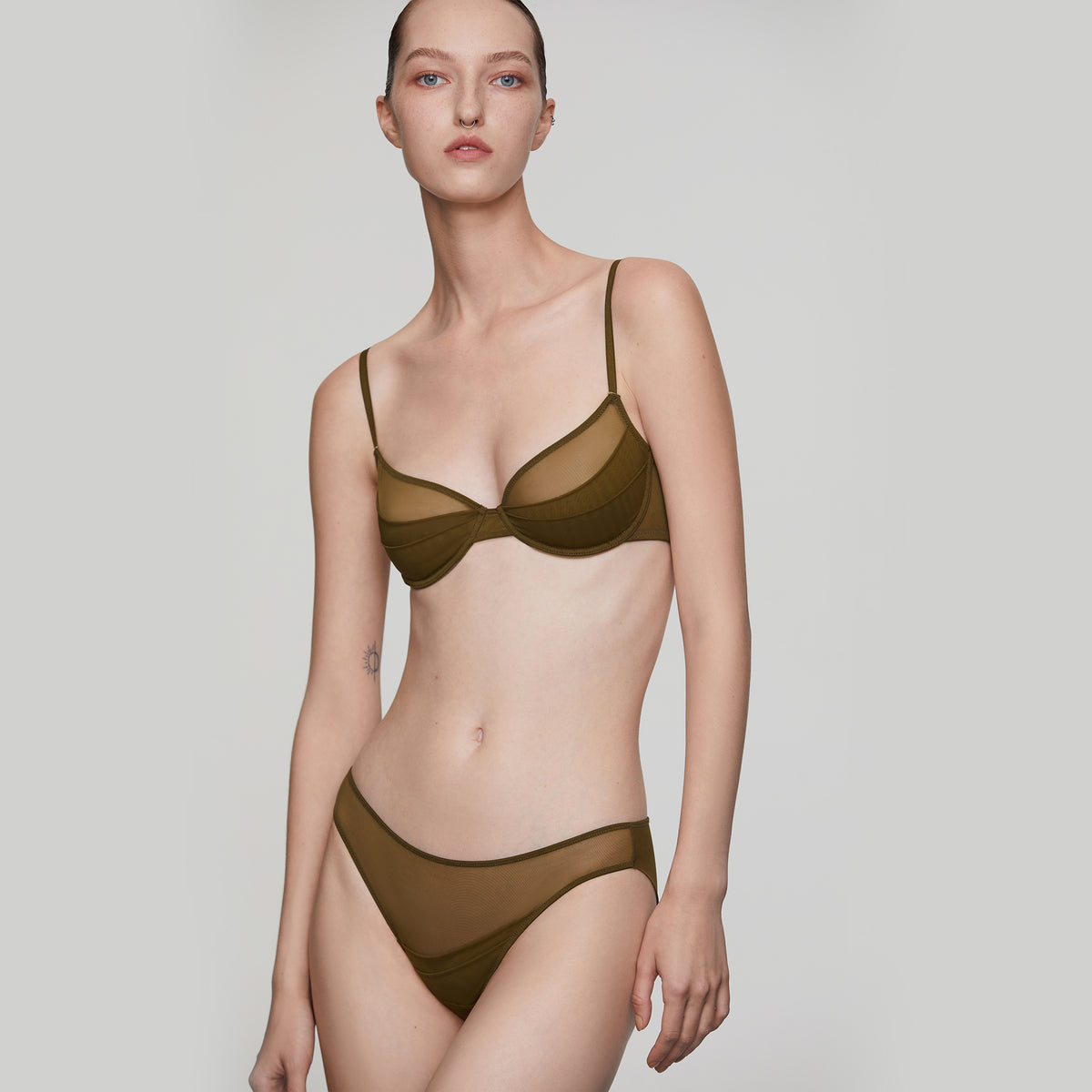 Stretch Layerd Mesh 3/4 Underwire Bra, Olive