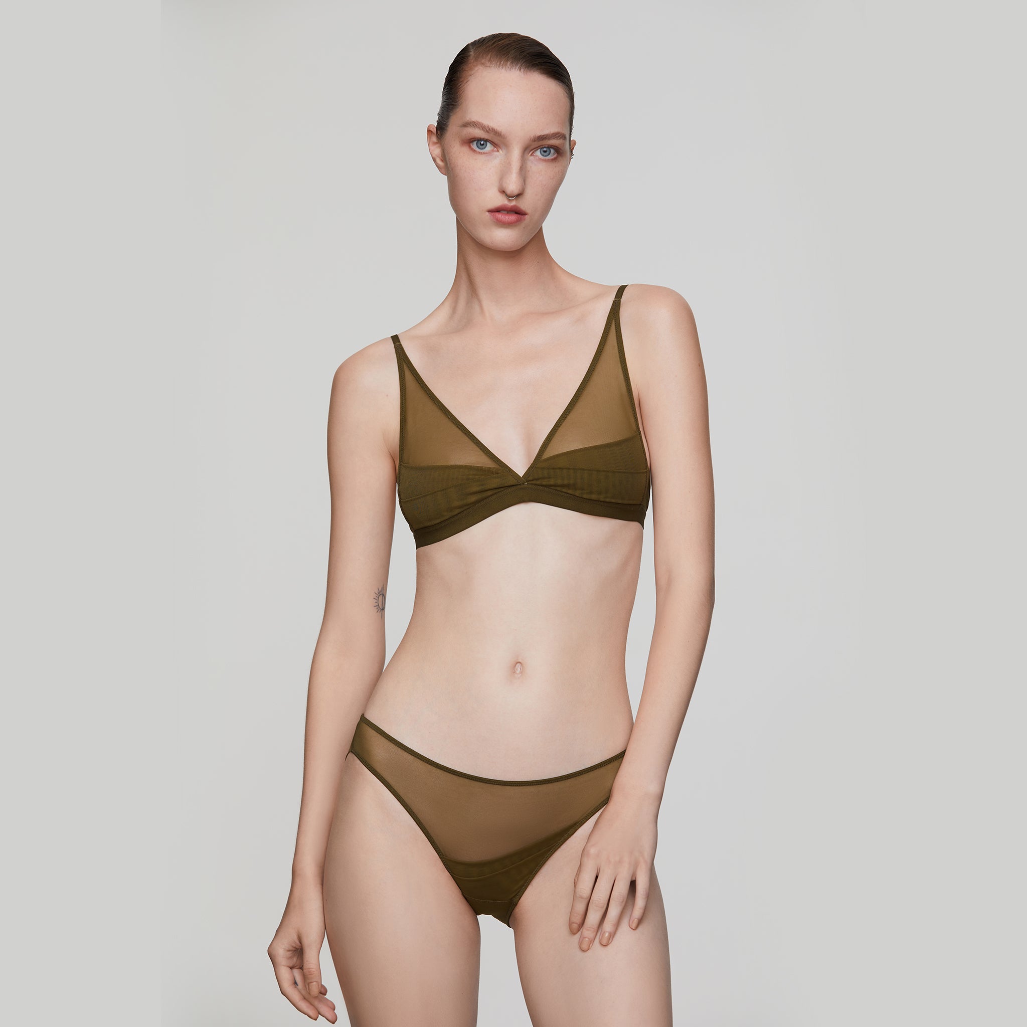 Stretch Layerd Mesh Triangle Bra,Olive