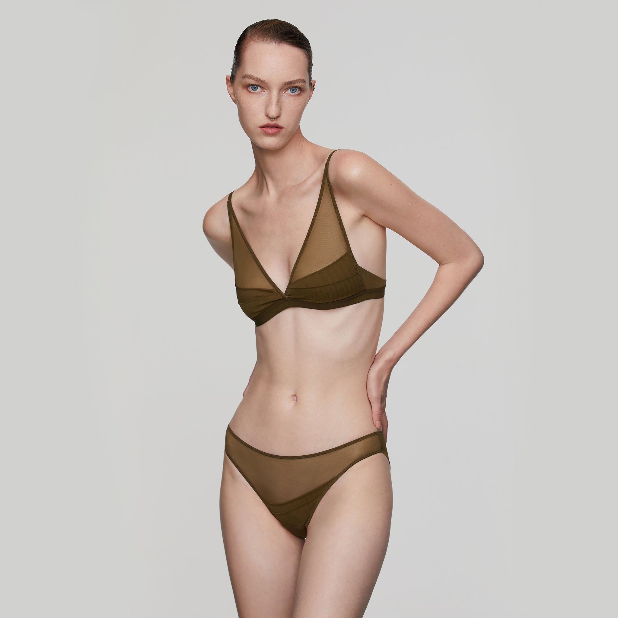 Stretch Layerd Mesh Triangle Bra,Olive