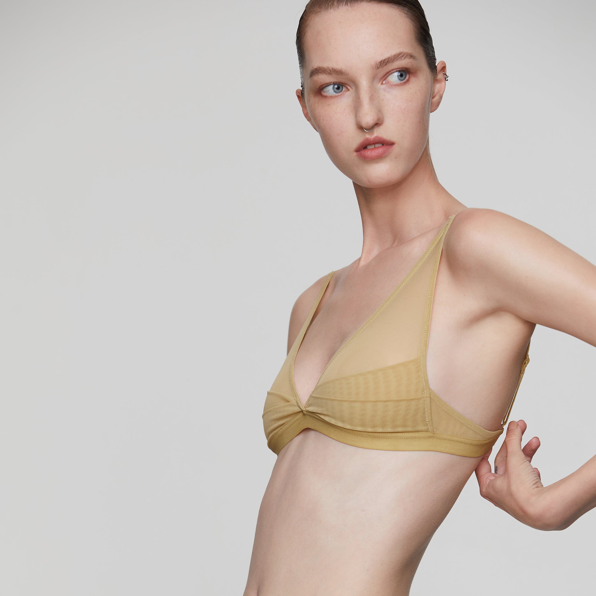 Stretch Layerd Mesh Triangle Bra,Light Yellow