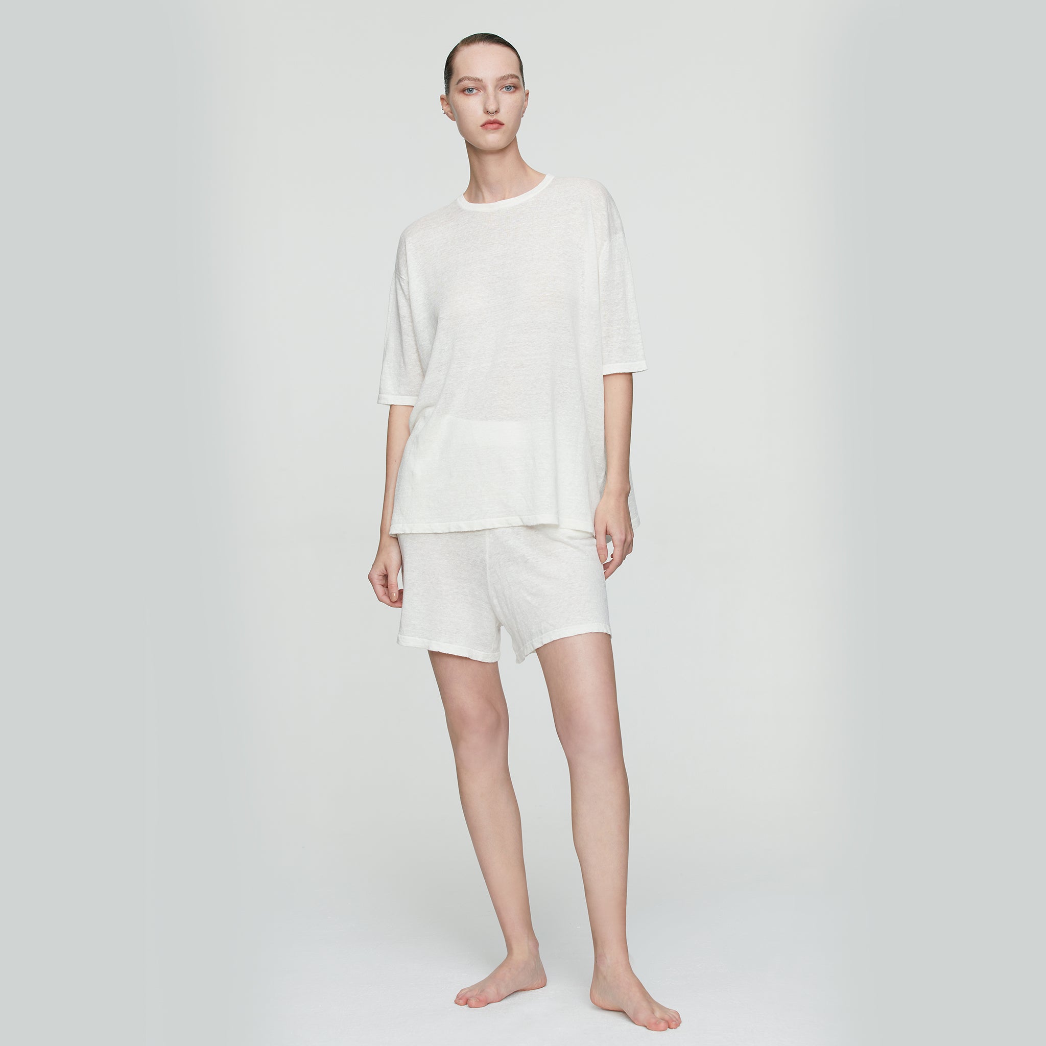 Linen Knit Round-neck T-shirt,White