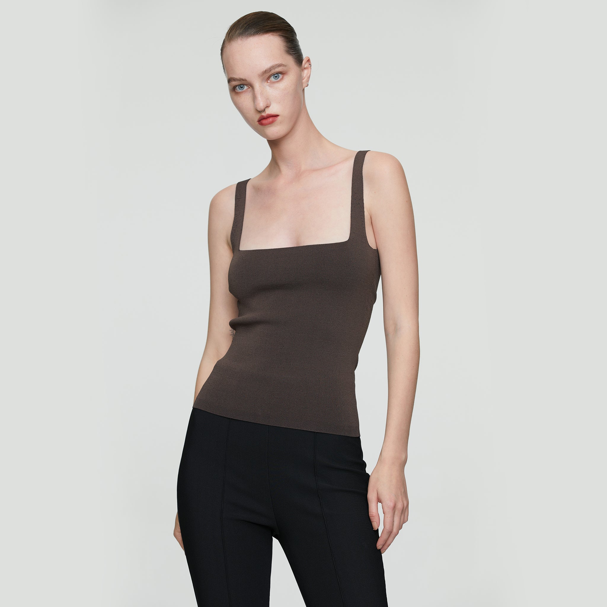 Knitted Square Neck Open-back Vest,Coffee