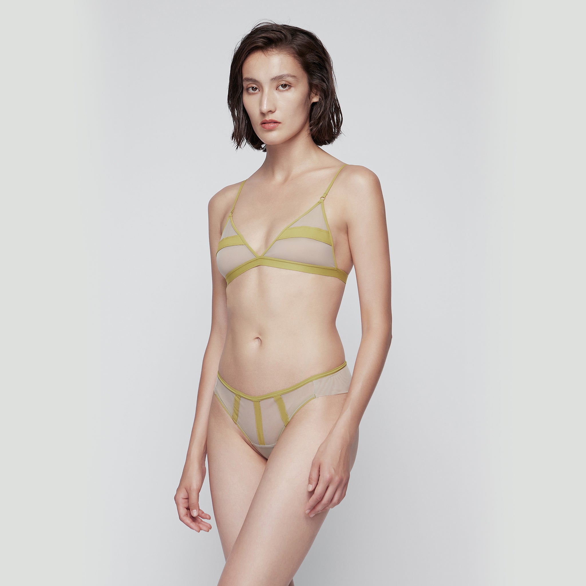 Cross Strip Stretch-Mesh Triangle Bra,Mustard Green