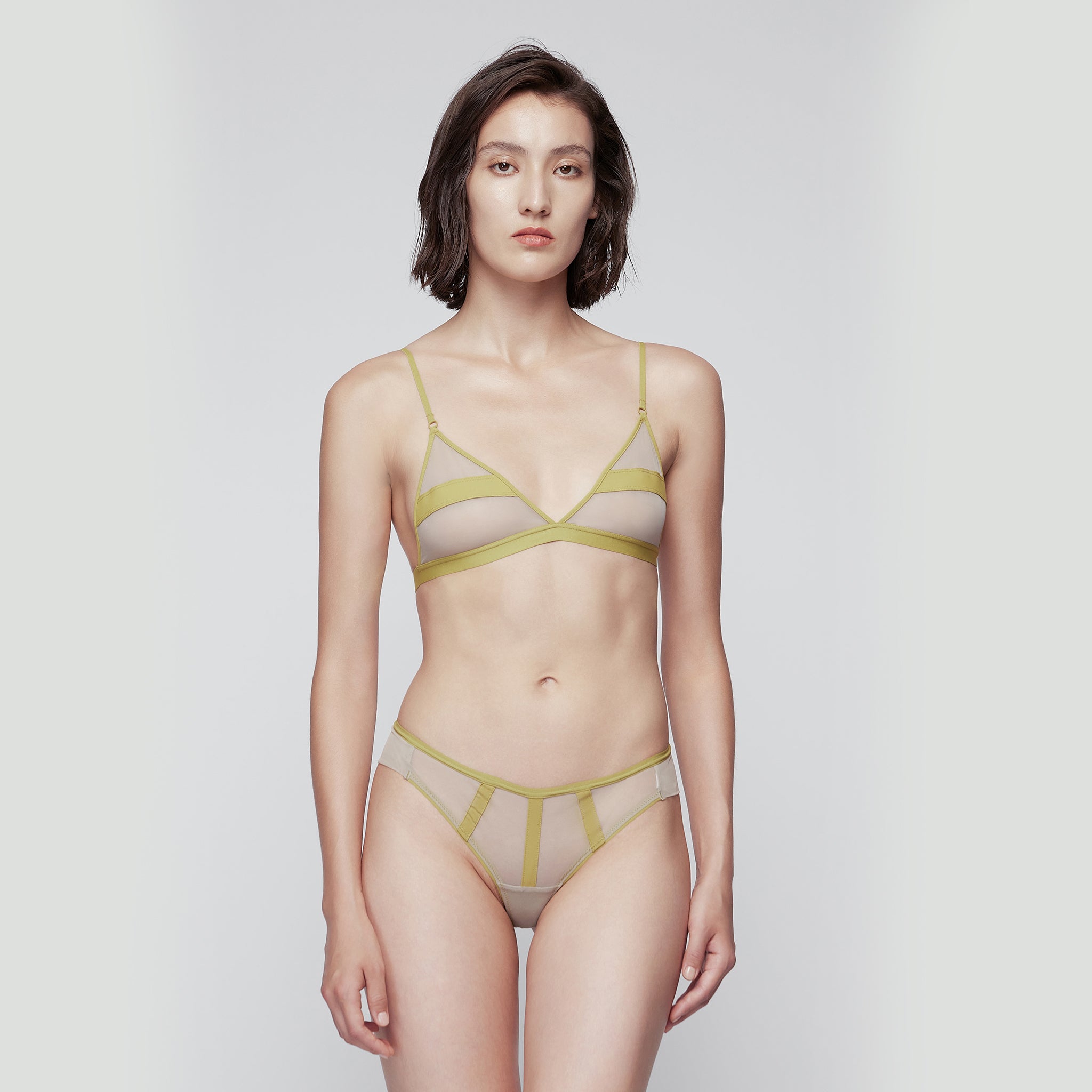 Cross Strip Stretch-Mesh Triangle Bra,Mustard Green