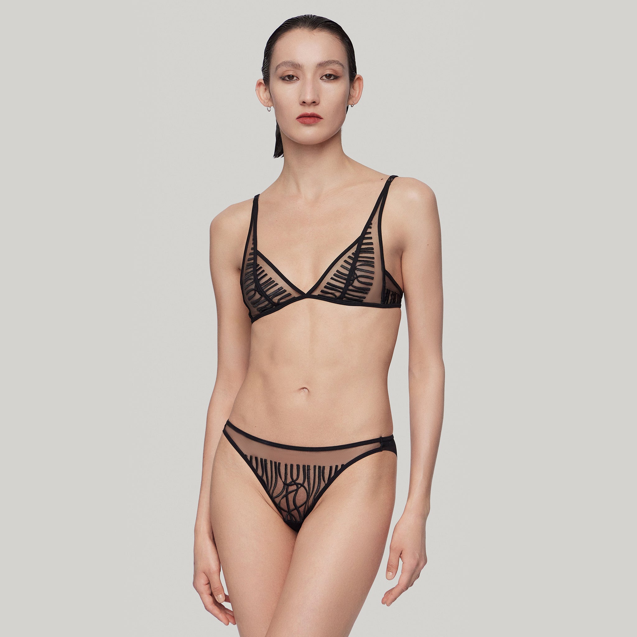 Embroidered Tulle Elongated Triangle Bra,Black