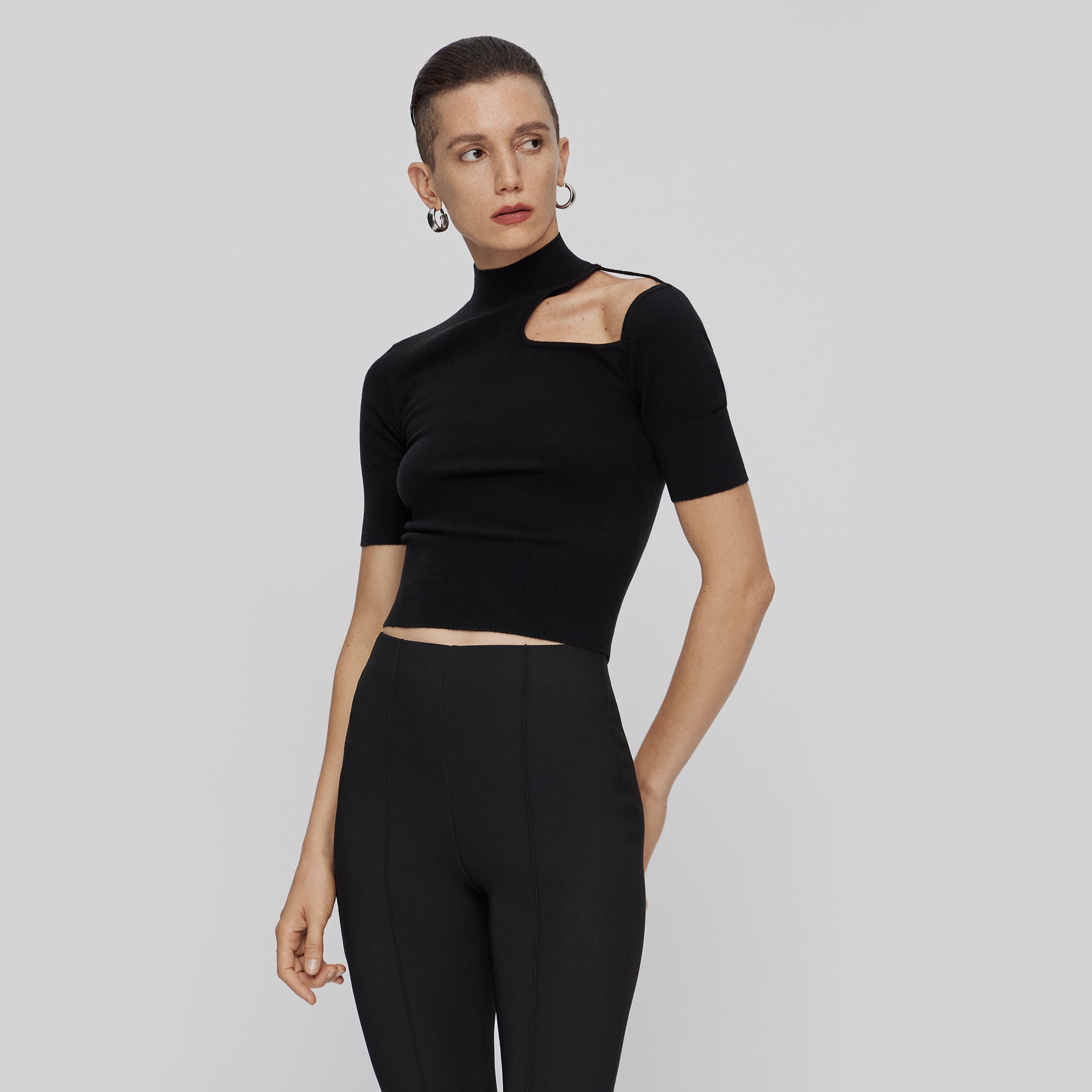 Knitted Cut-out Shoulder Top,Black