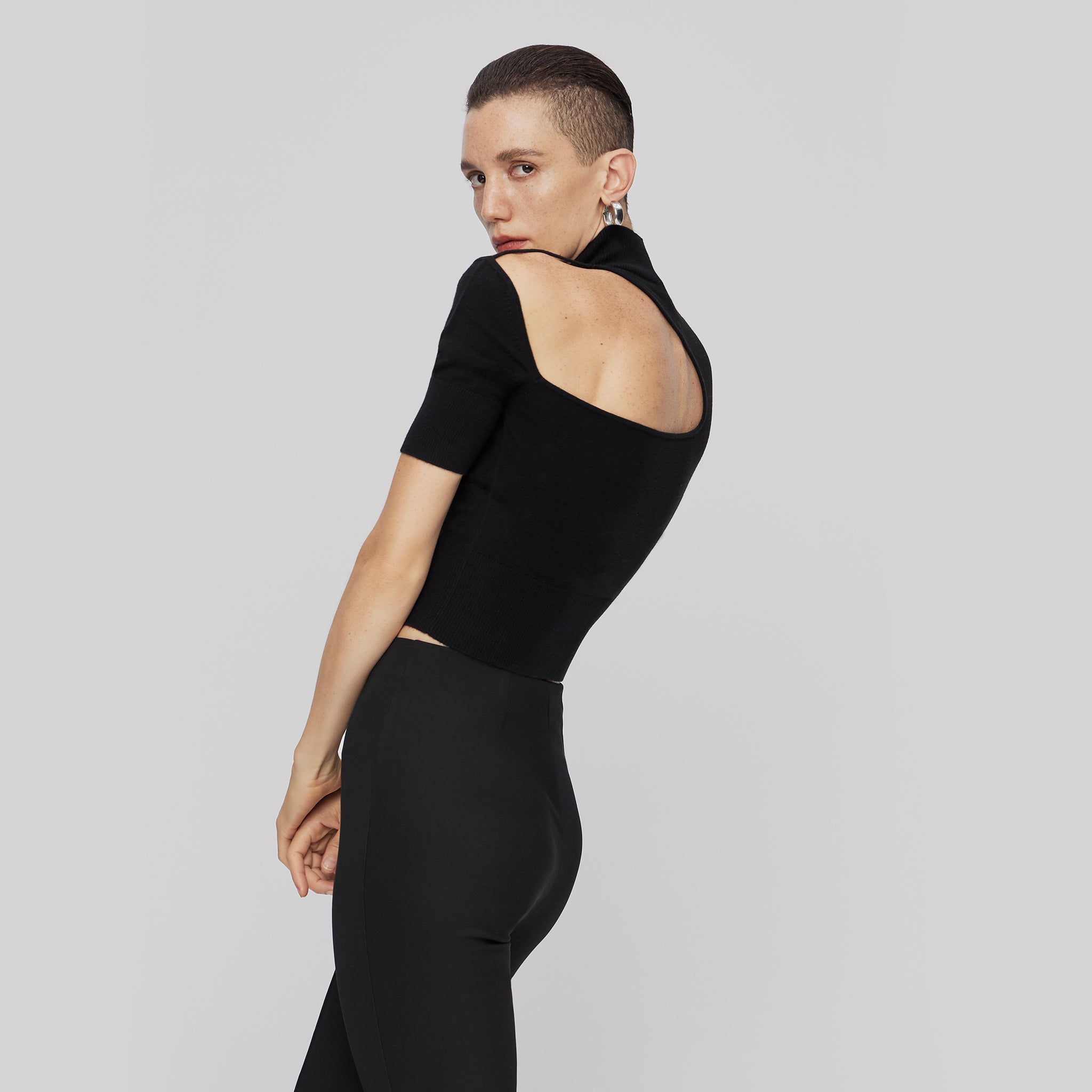 Knitted Cut-out Shoulder Top,Black