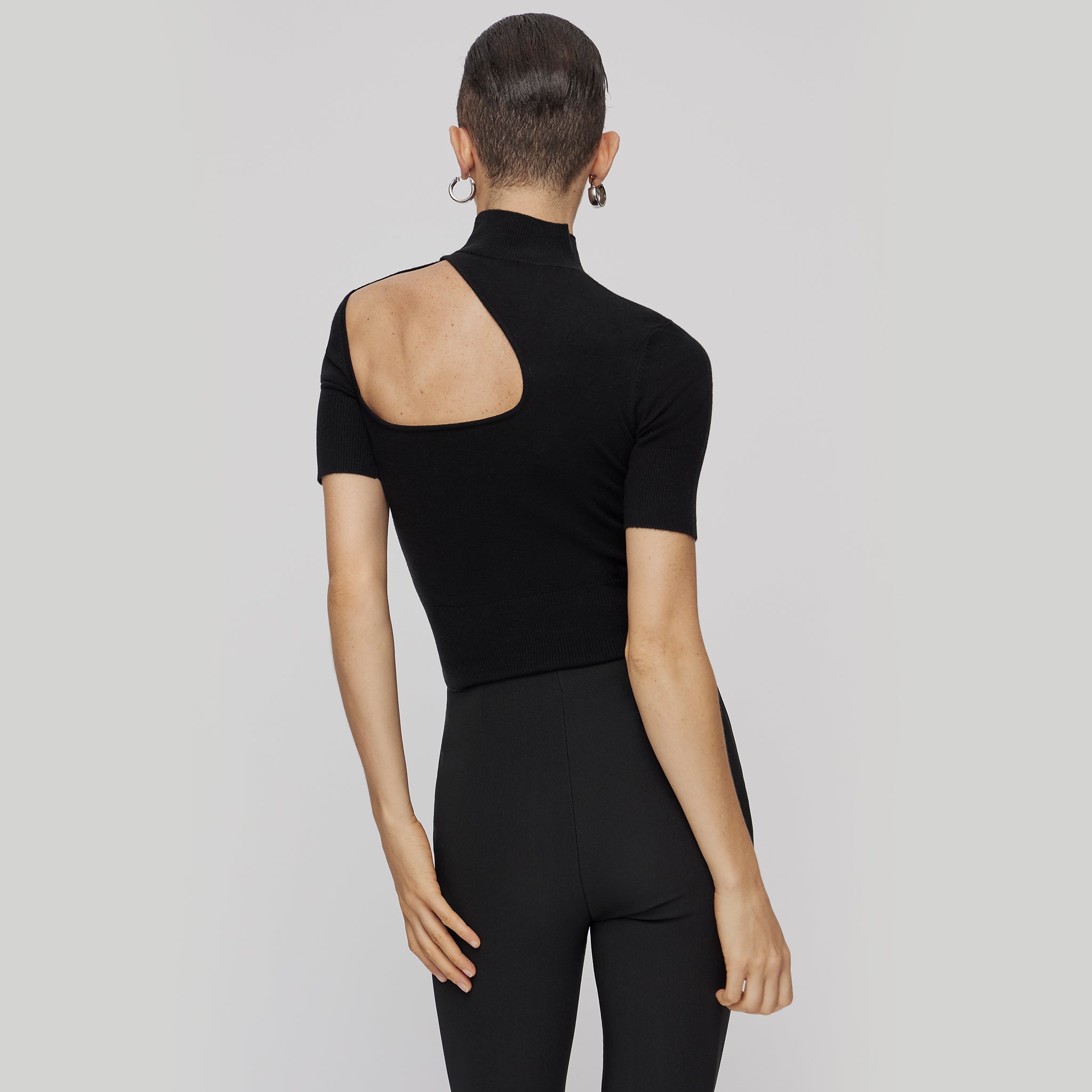 Knitted Cut-out Shoulder Top,Black