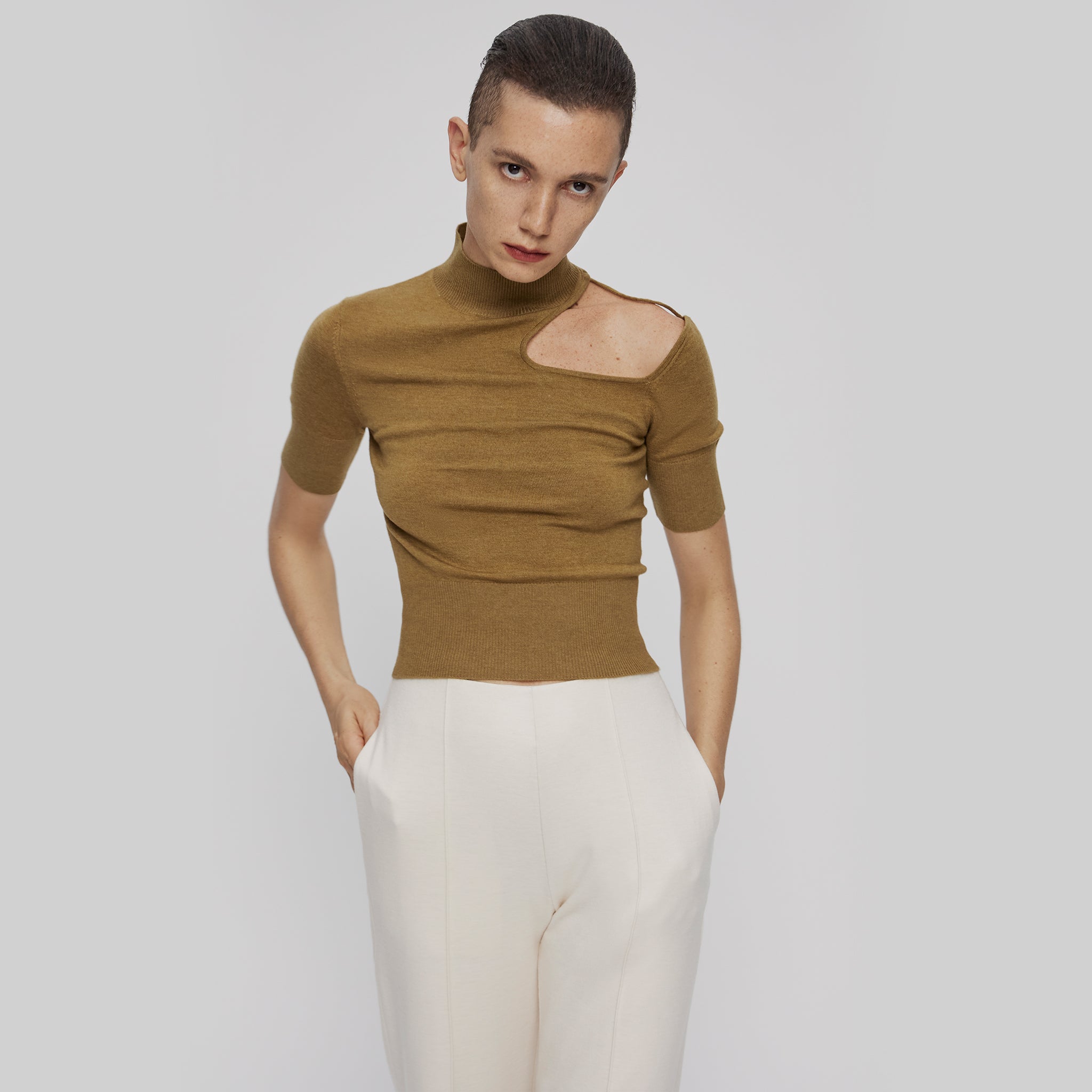 Knitted Cut-out Shoulder Top,Ginger