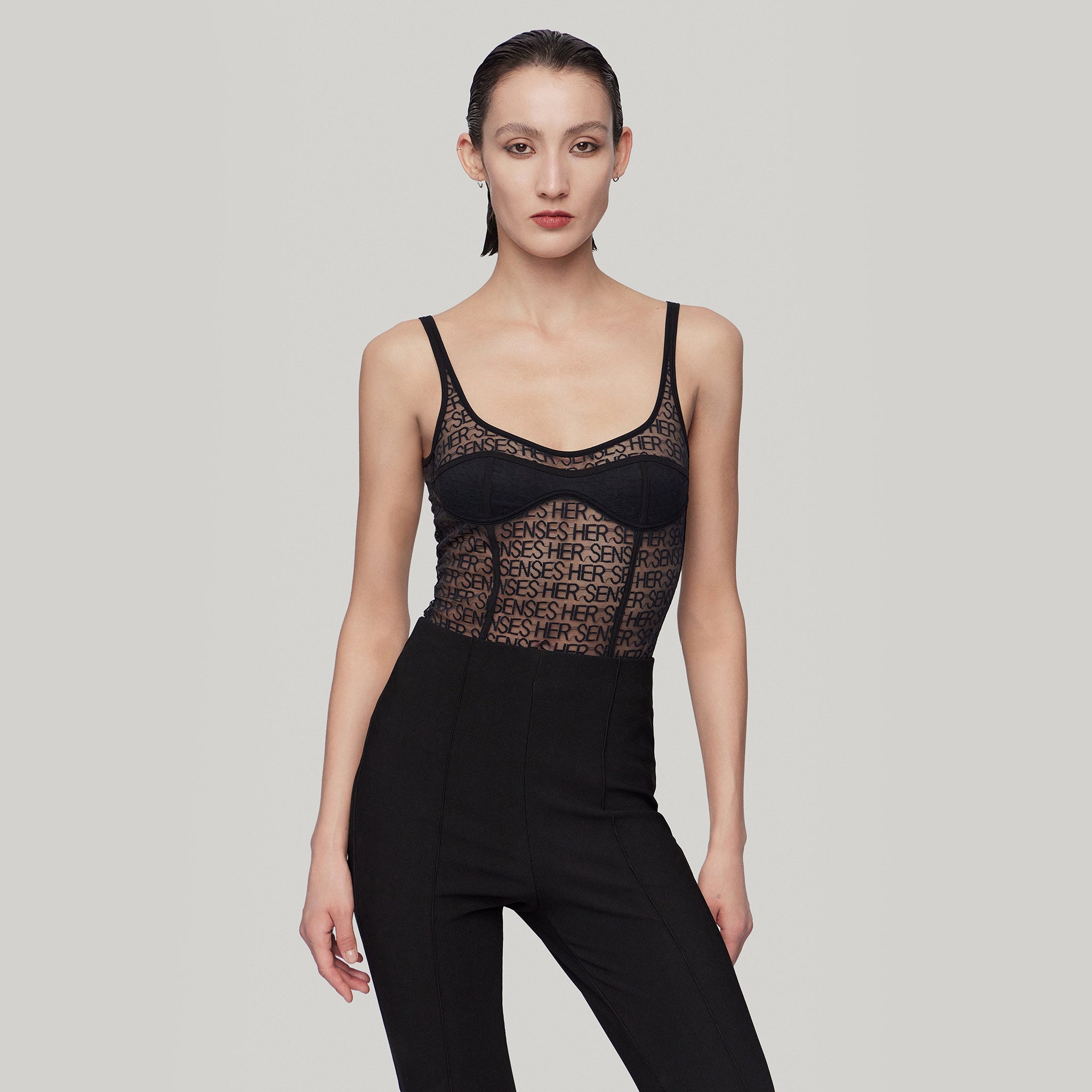 LOGO Mesh Bodysuits,Black