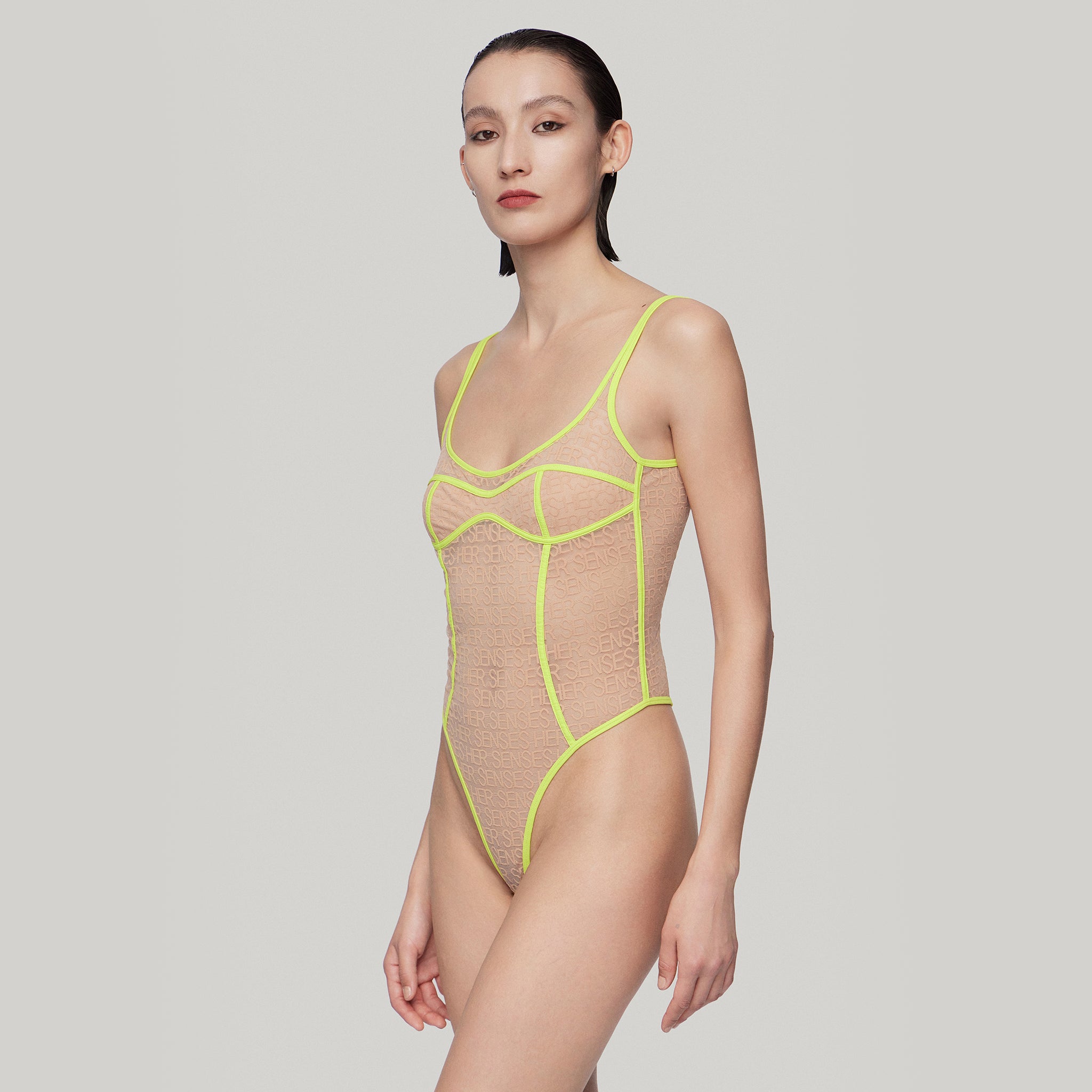 LOGO Mesh Bodysuits,Neon Yellow