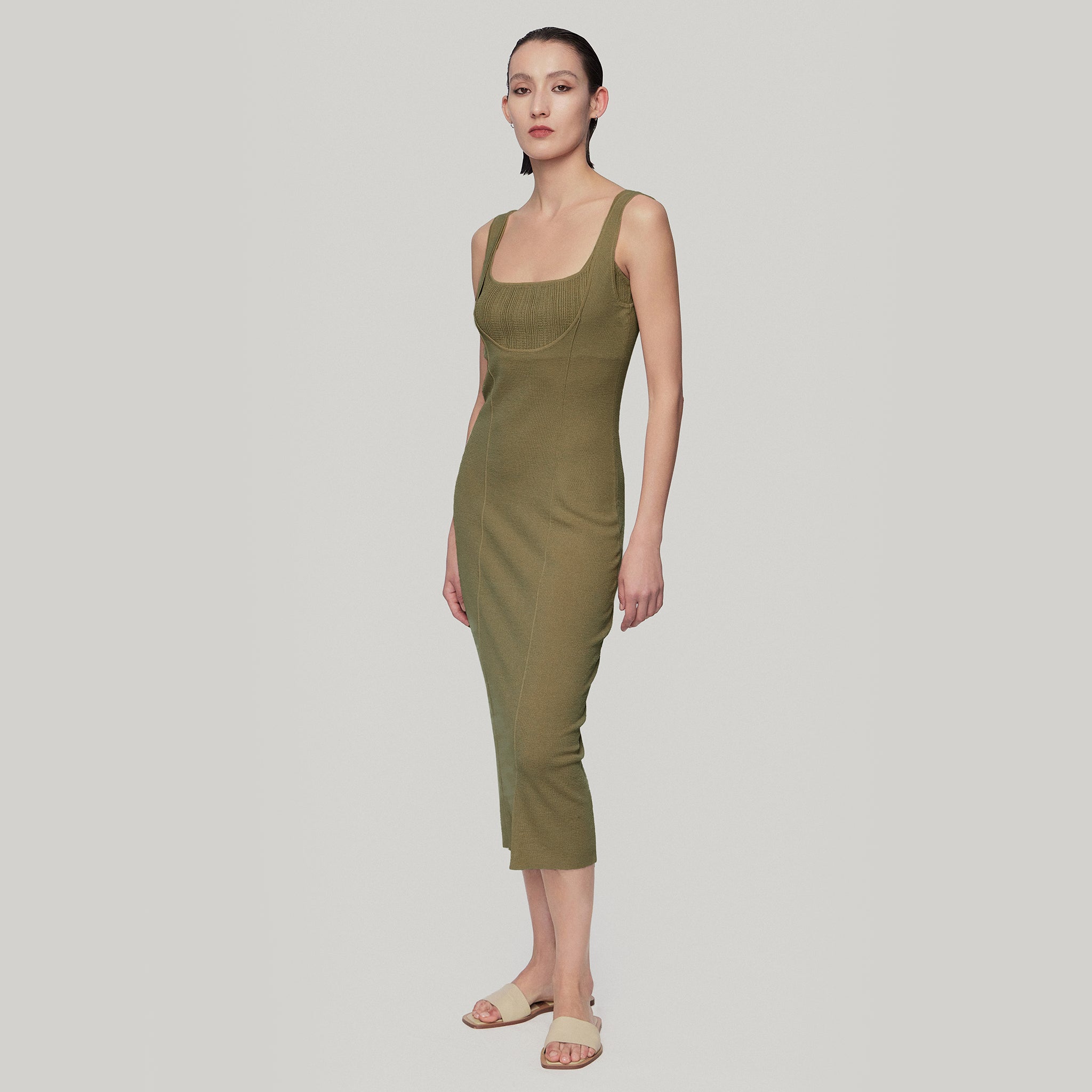 Two-piece Knit Midi Dress,Tobacco Green