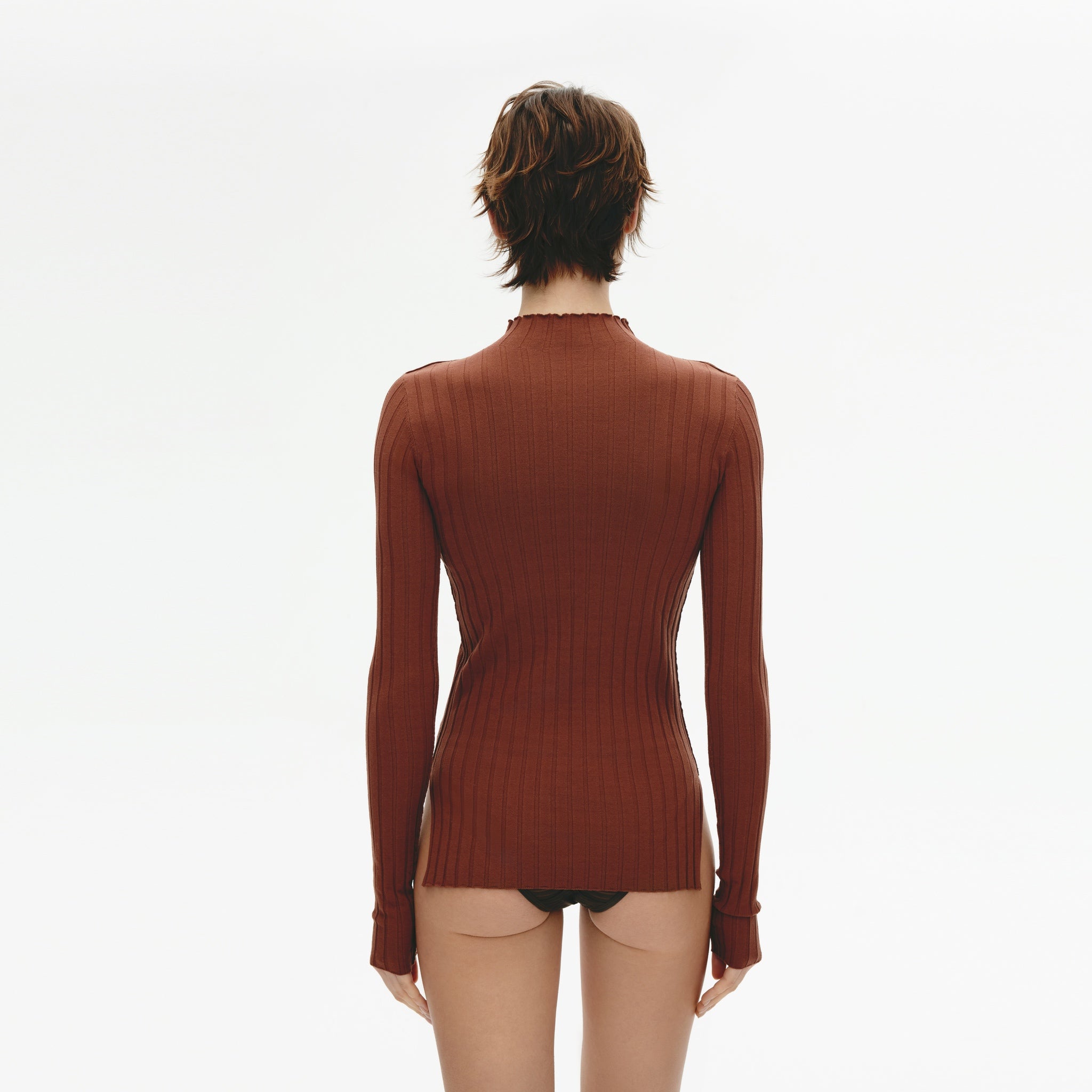 Wool-Blend High-Stretch Ribbed Long-Sleeve Turtleneck,Terracotta