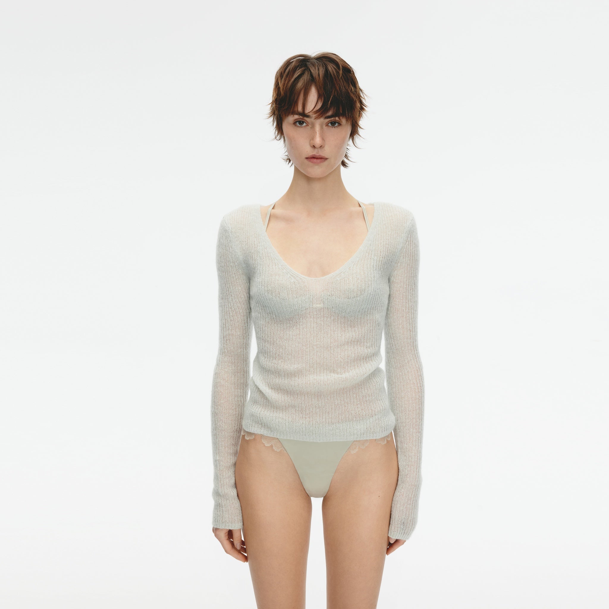 Mohair Blend Deep V-neck Long-sleeved Pullover,Soft Sky Blue