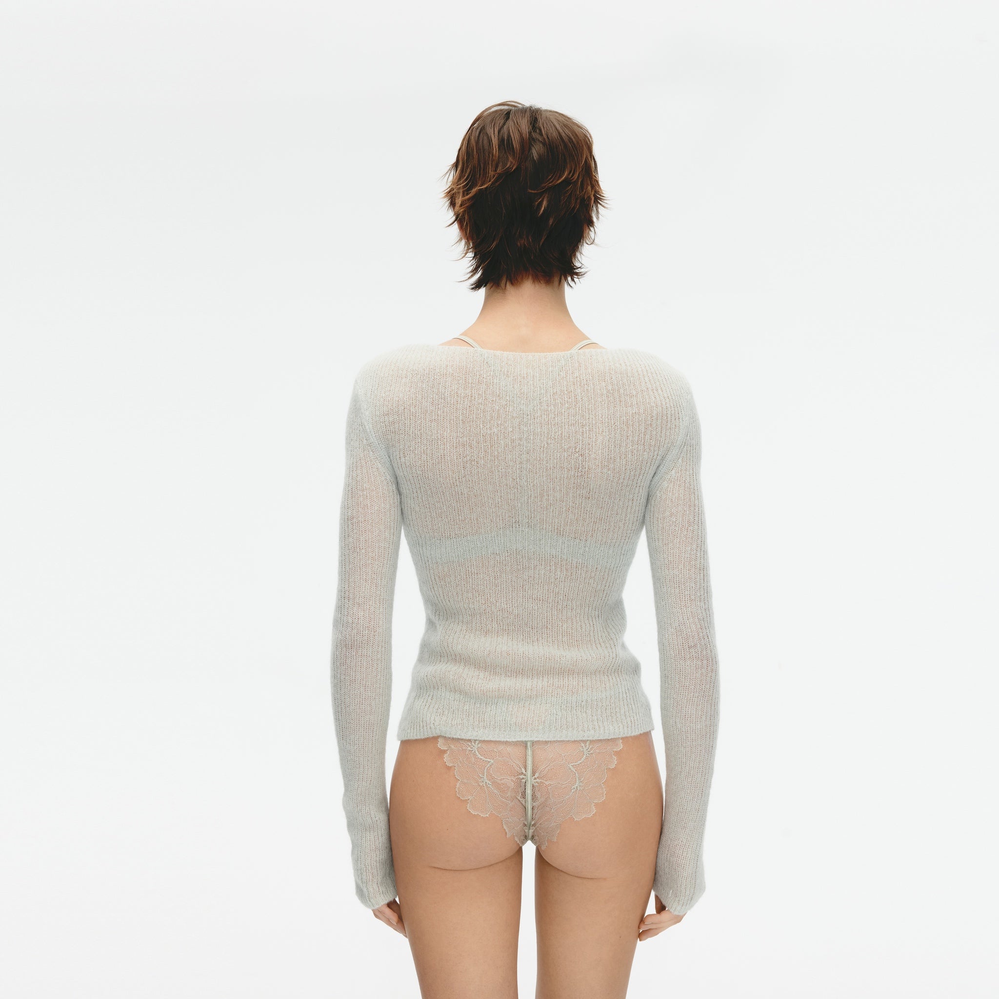 Mohair Blend Deep V-neck Long-sleeved Pullover,Soft Sky Blue