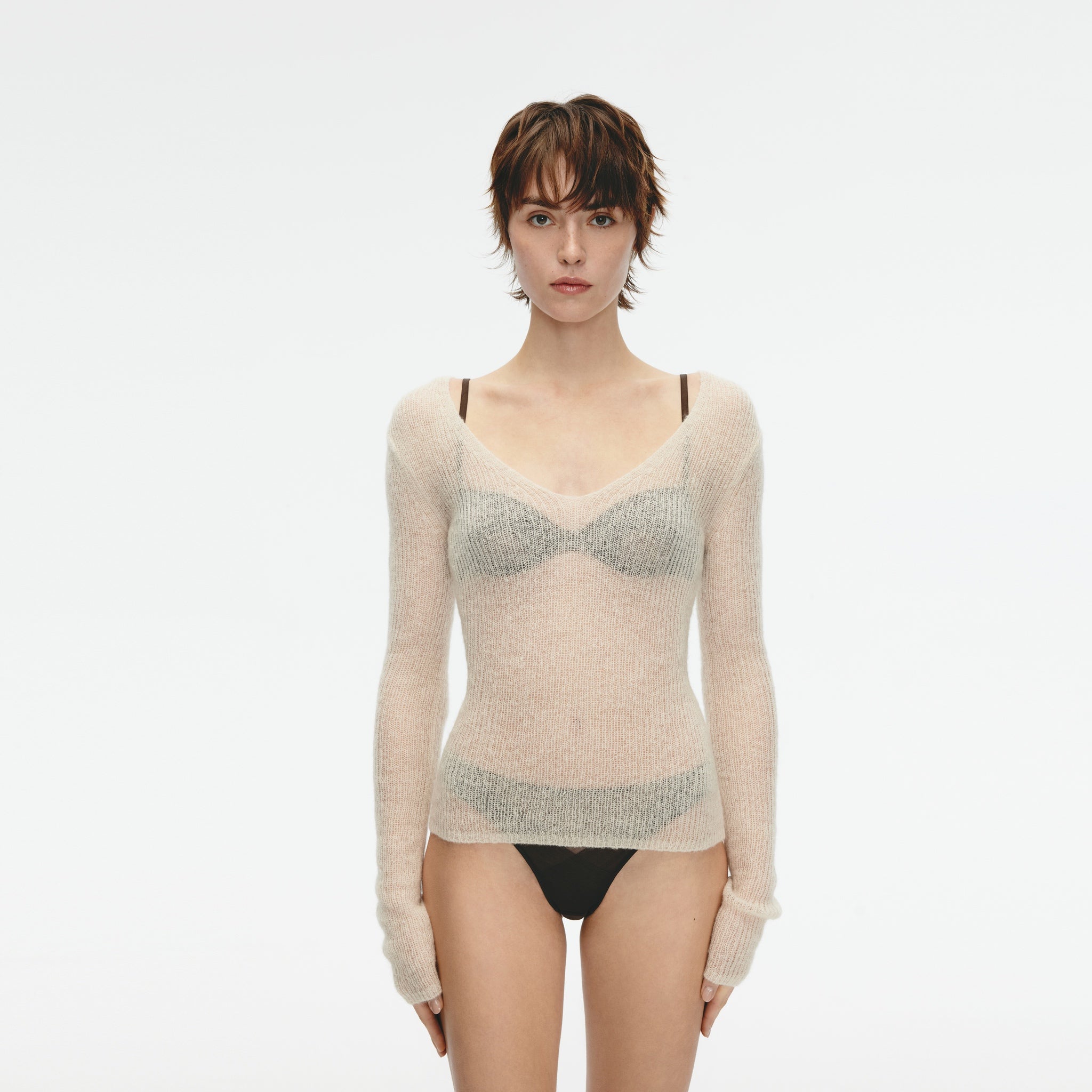 Mohair Blend Deep V-neck Long-sleeved Pullover,Nude Pink