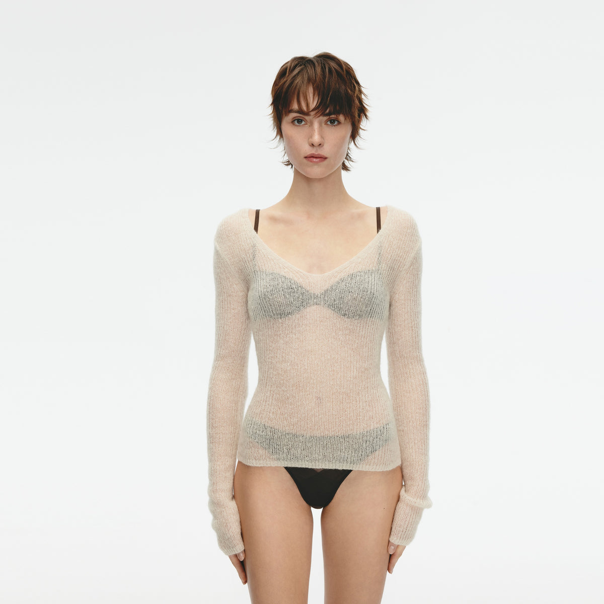 Mohair Blend Deep V-neck Long-sleeved Pullover,Nude Pink