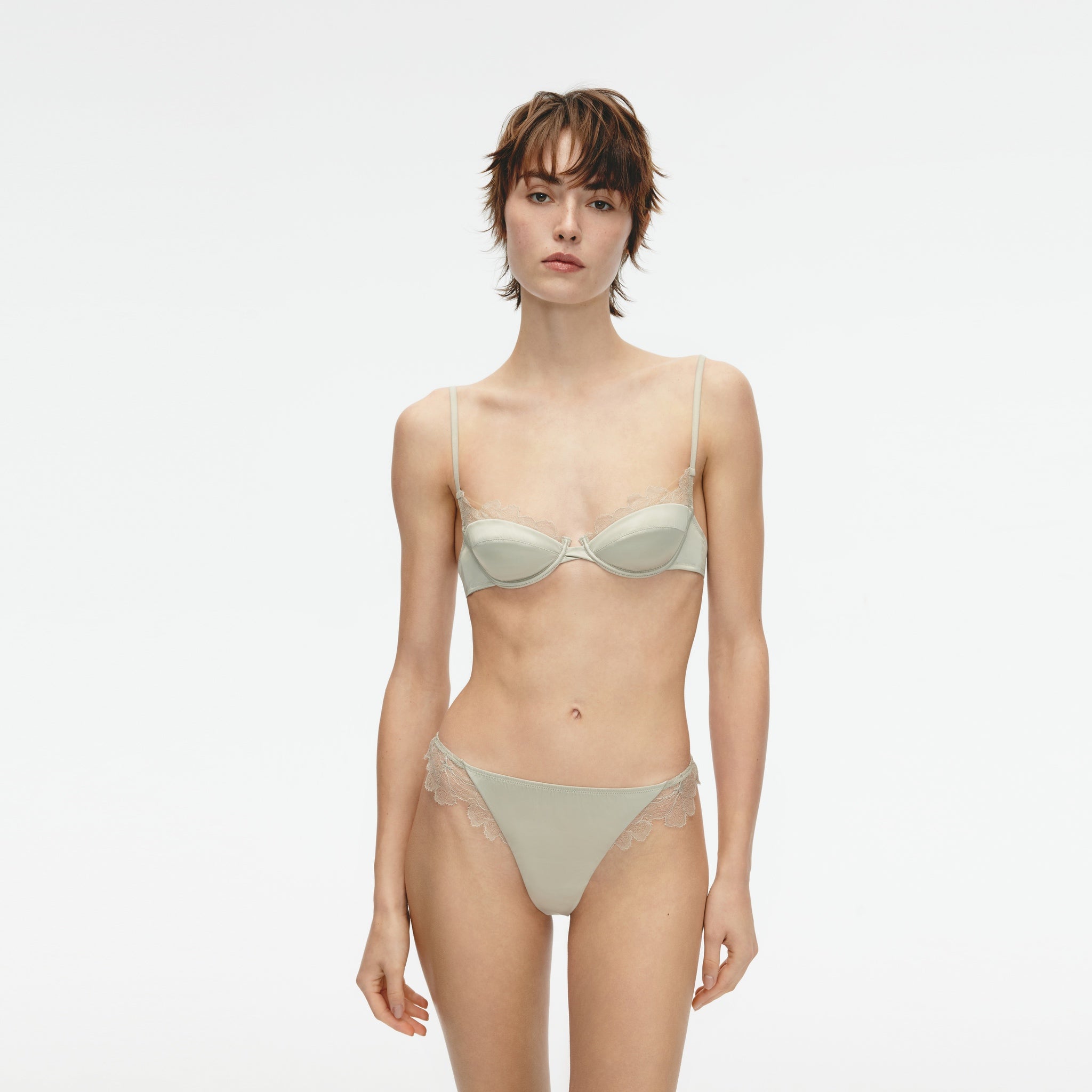 3/4 Leavers Eyelash Lace Underwire Bra,Spray Green